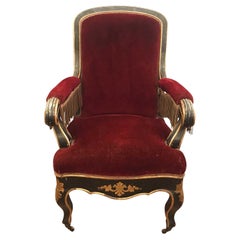 19th Century Italian Sicilian Armchair and Footrest Red Velvet Gilt Details