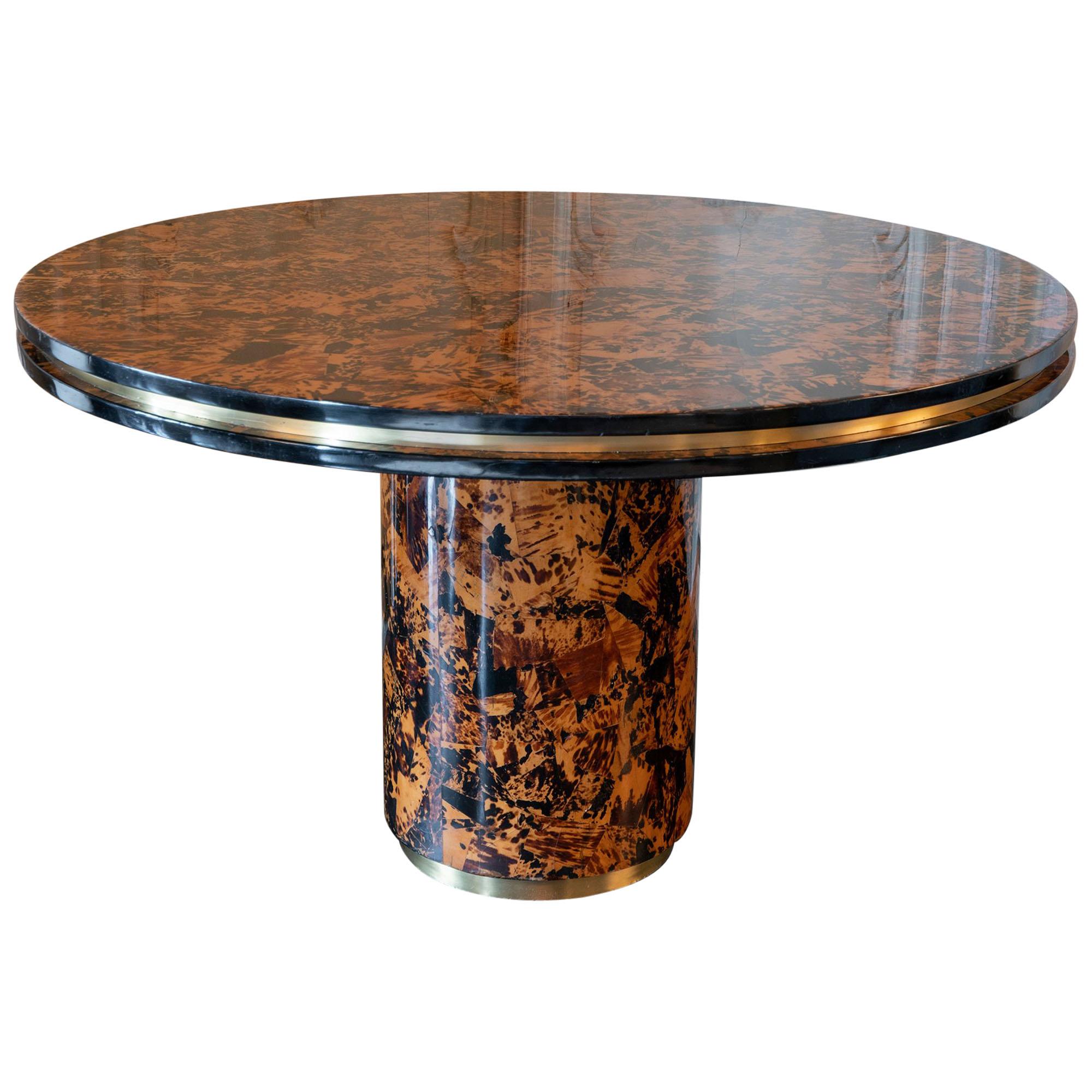 Willy Rizzo Burl Wood Round Center/Dining Table, Brass Details, Italy, 1960s