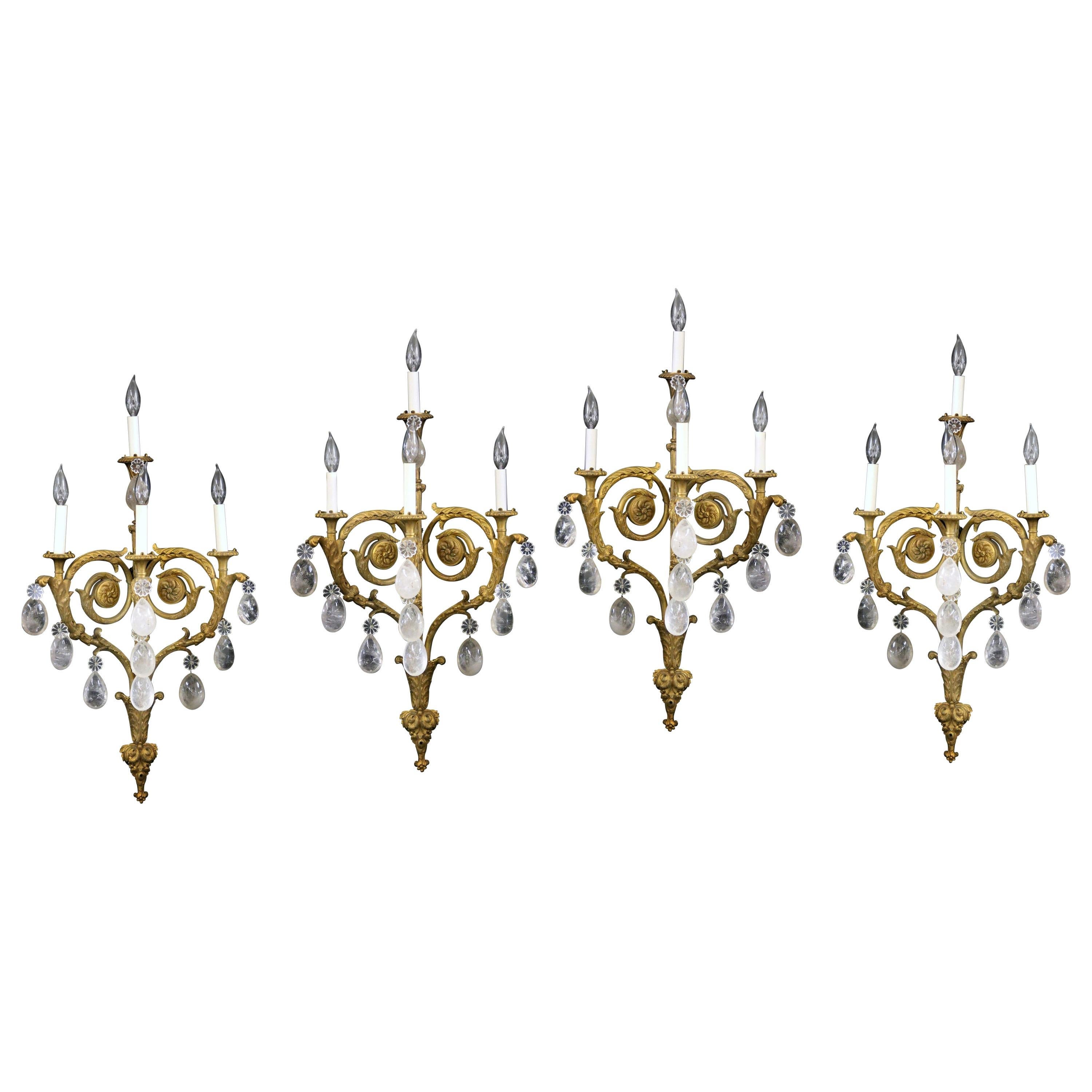 Impressive Set of Four Late 19th Century Gilt Bronze and Rock Crystal Sconces For Sale