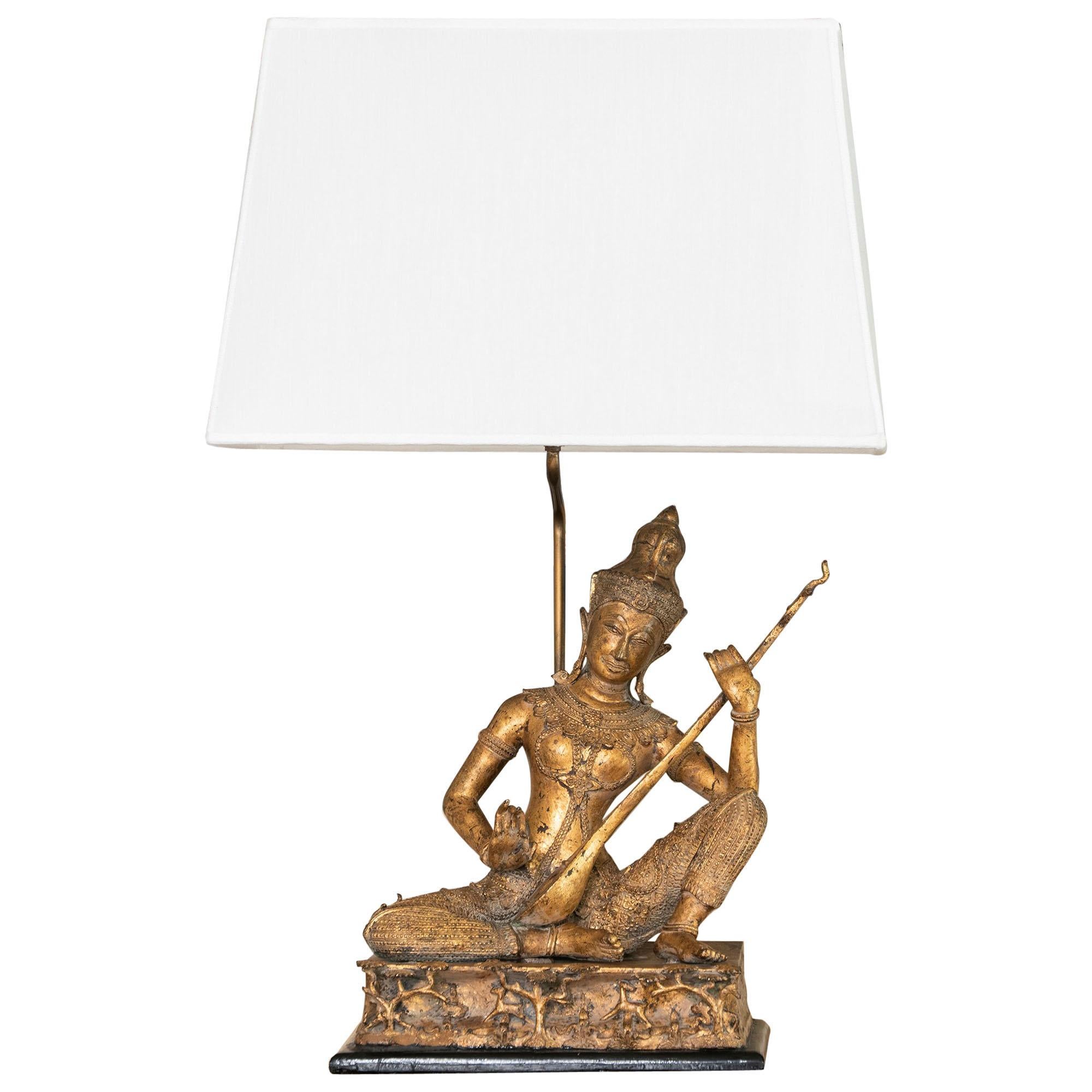 1960s French Brass Birman Buddha Figure Table Lamp, Wood Base