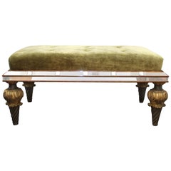 Hollywood Regency Bench in Green Velvet with Mirrored Frame, Carved & Gilt Legs