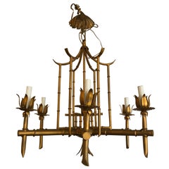 Hollywood Regency Style Pagoda Gilded Gold Iron and Tole Faux Bamboo Chandelier