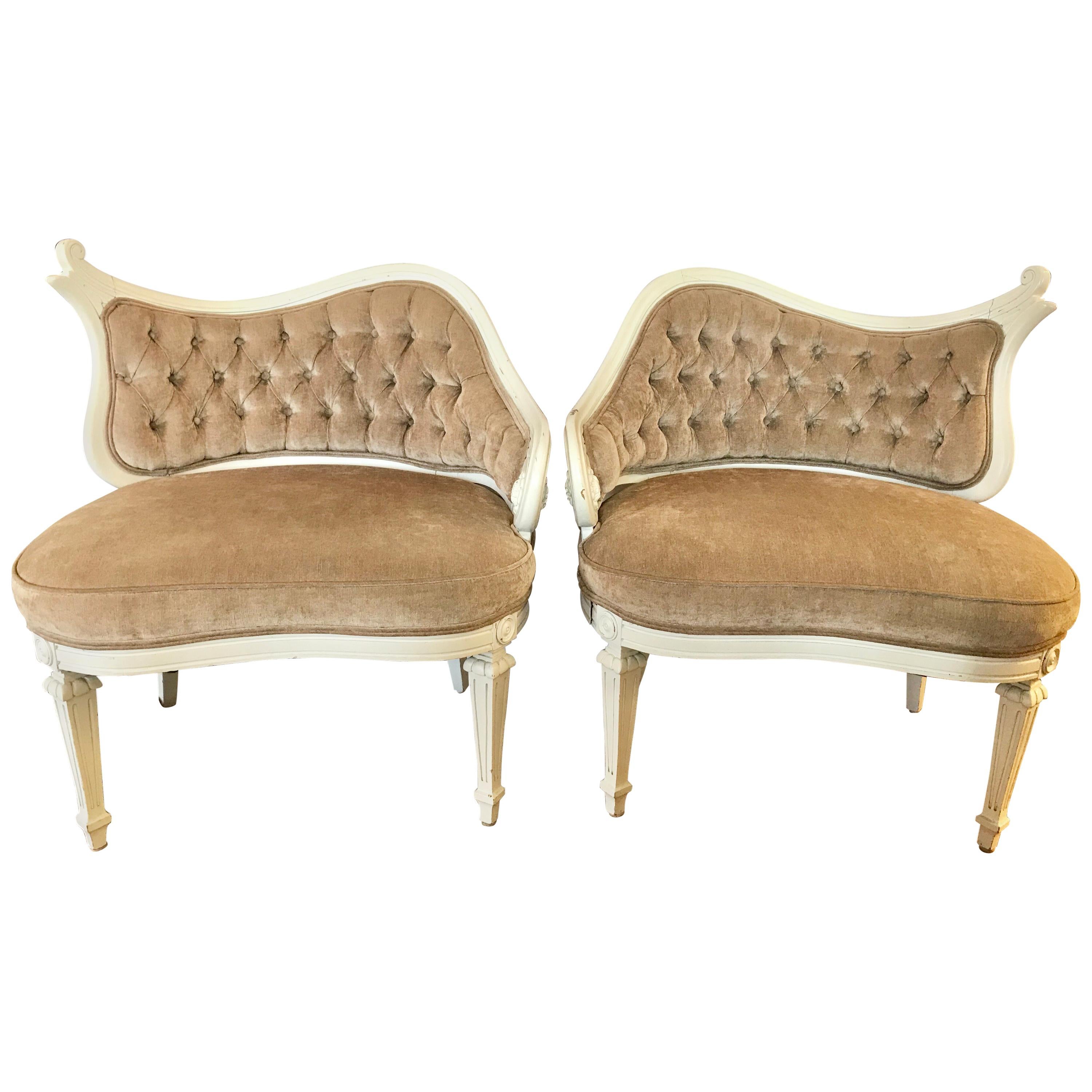 Pair of French Antique Shaped Tufted Velvet Chairs