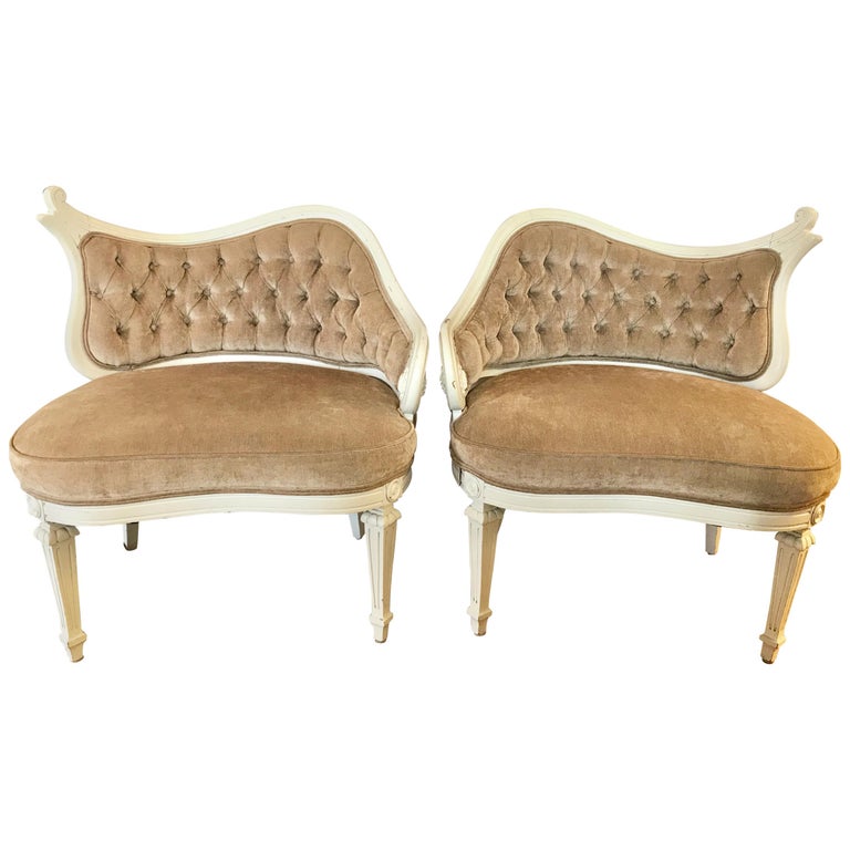 Pair of French Antique Shaped Tufted Velvet Chairs at 1stDibs