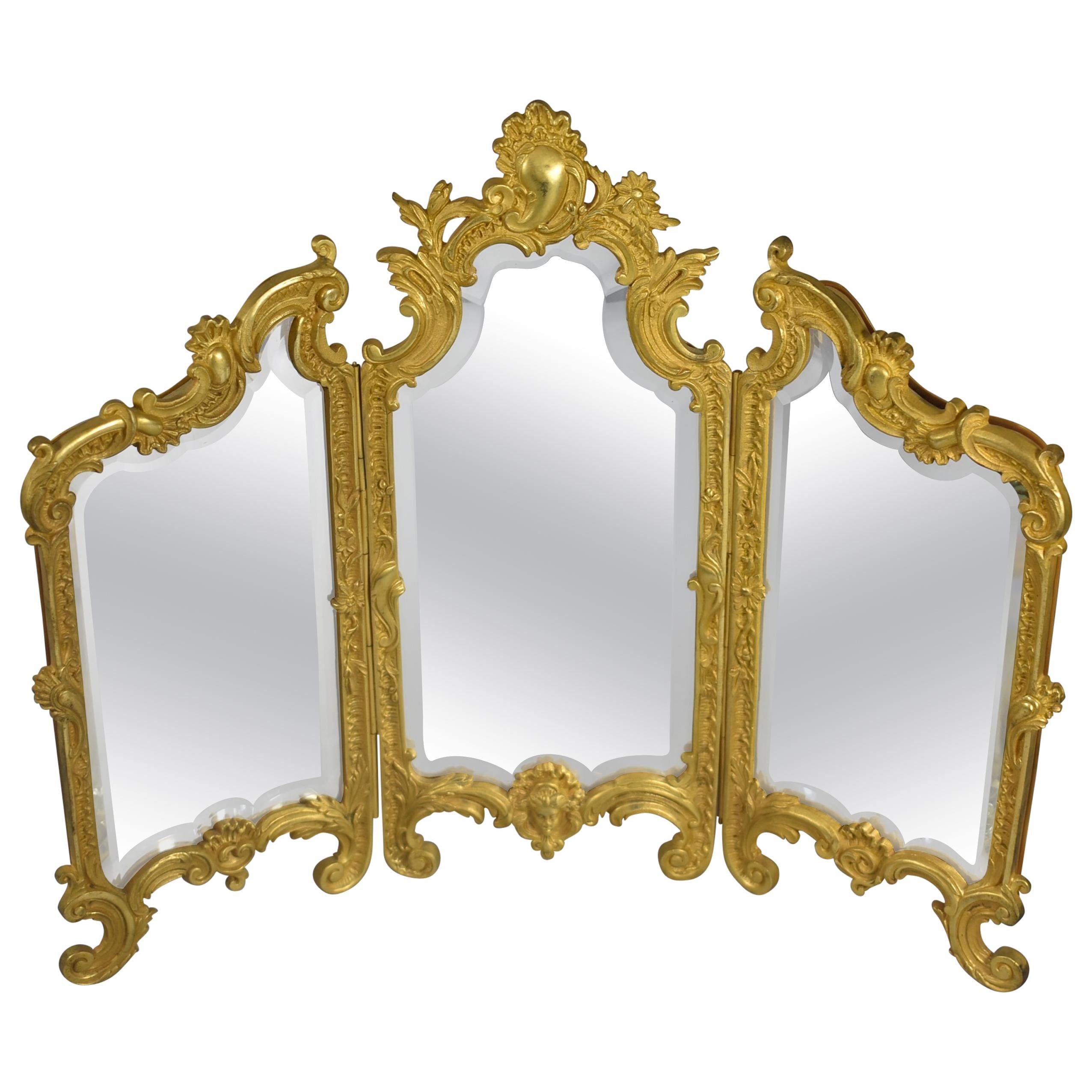 Miniature Triptych Gold Doré Dresser Top Beveled Mirror Female Figural Face