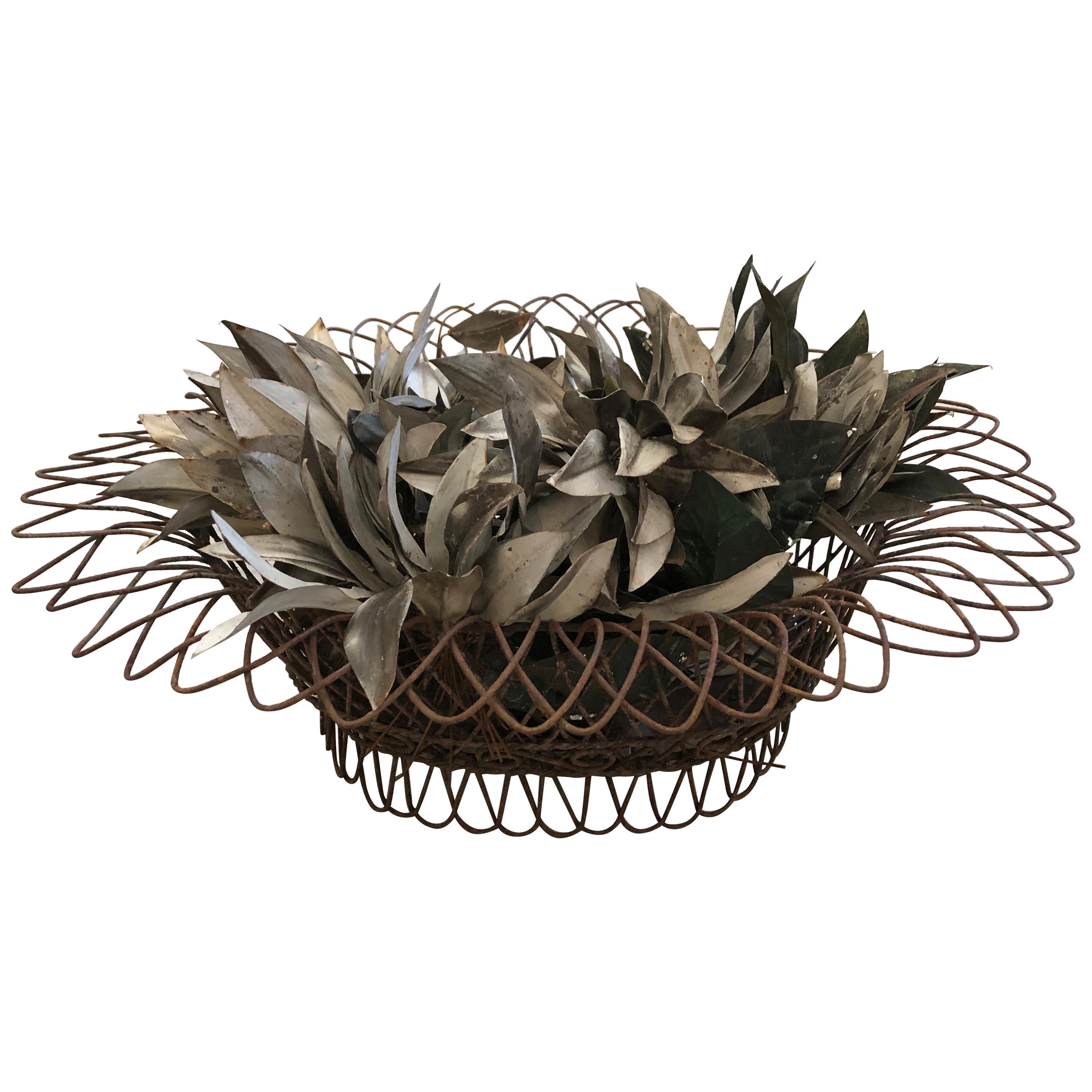 Charming Antique French Wire Basket Planter with Decorative Tole Leaves For Sale
