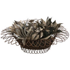 Charming Antique French Wire Basket Planter with Decorative Tole Leaves