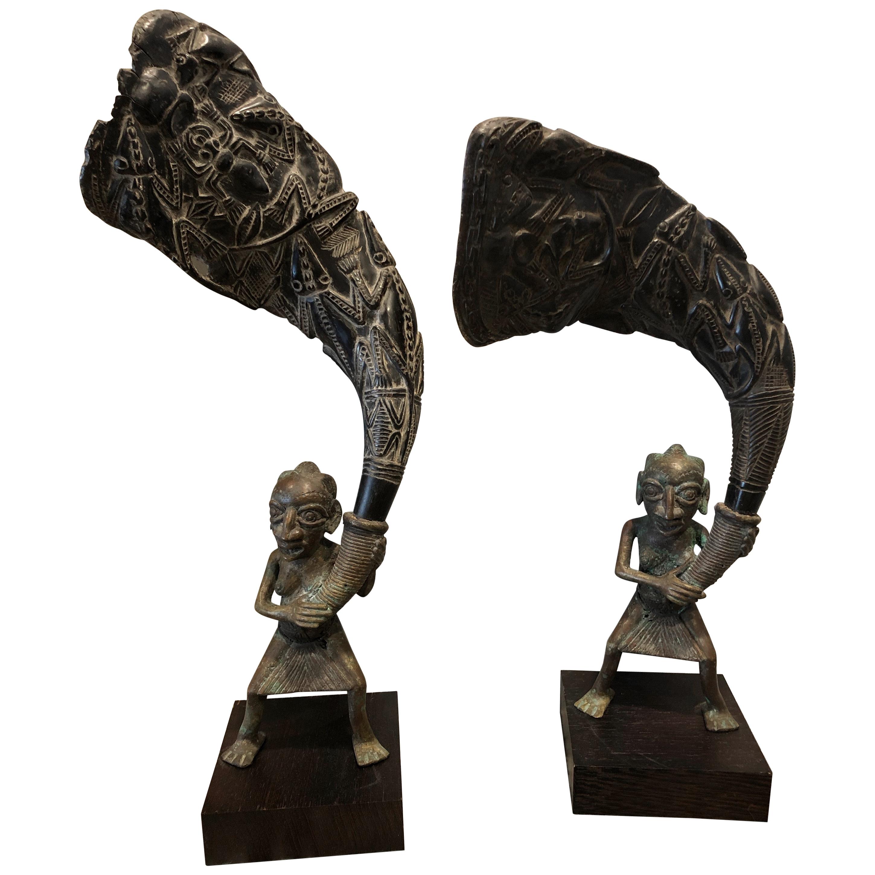 Pair of African Bronze Bamileke Cameroon Statues