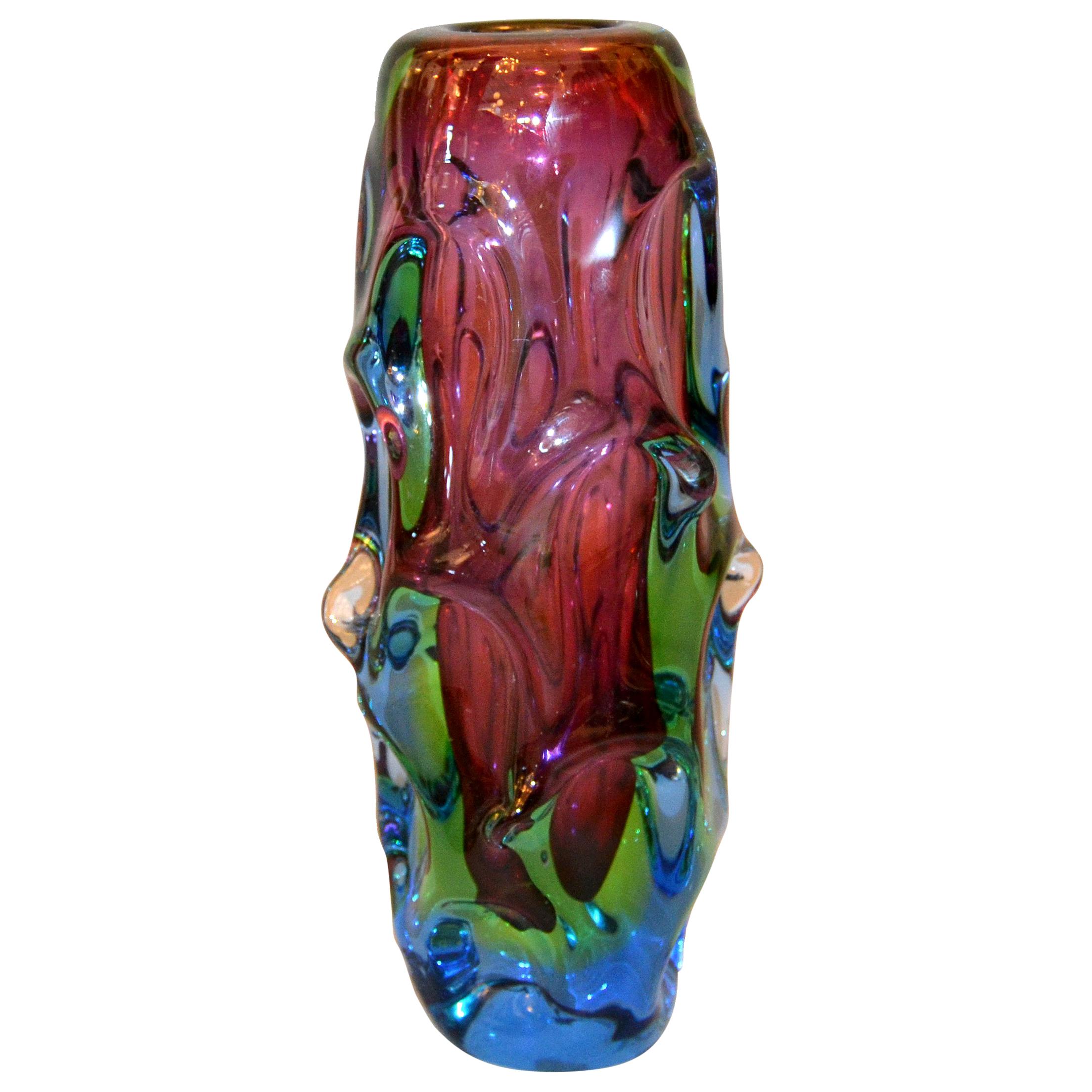 Heavy Italian Modern Sculptural Hand-Blown Murano Art Glass Flower Vase For Sale