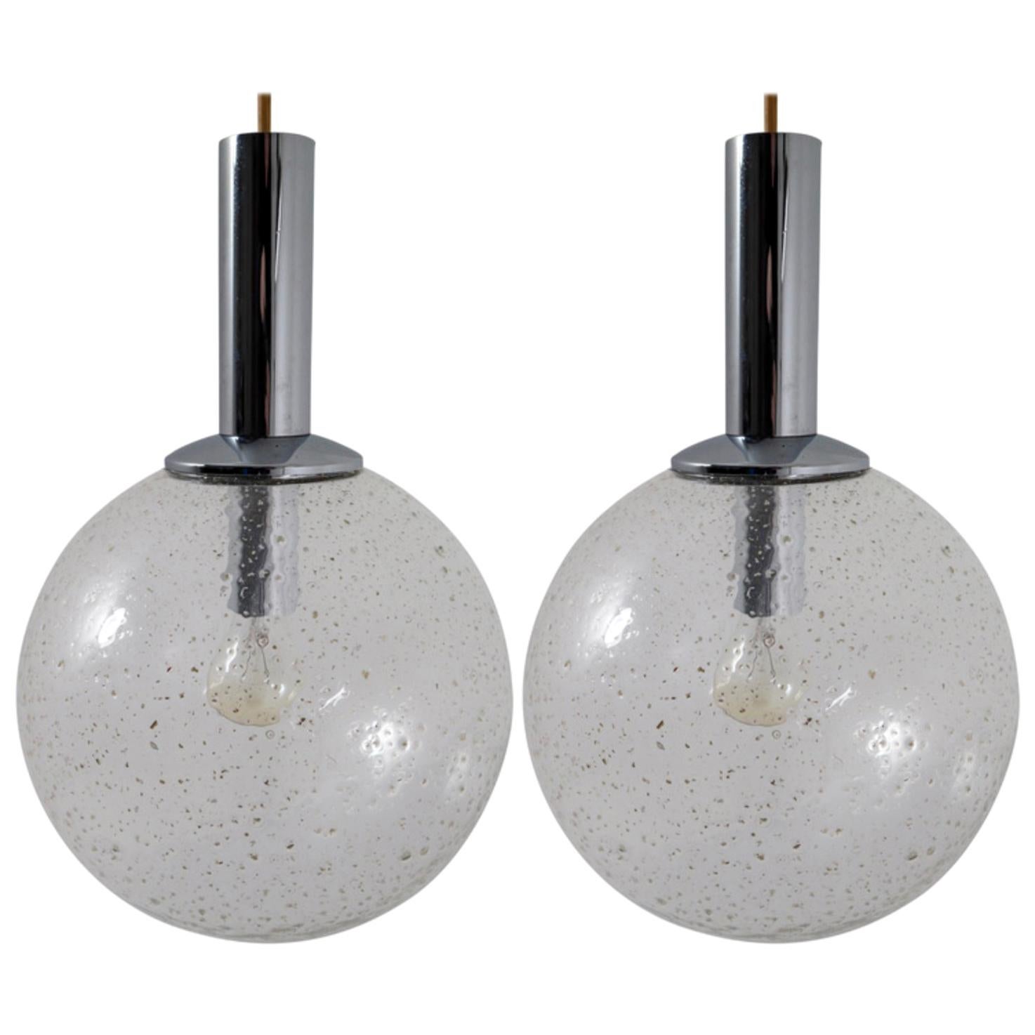 Pair of Midcentury Bubble Glass Globe Pendant by Glashütte Limburg Germany, 1960