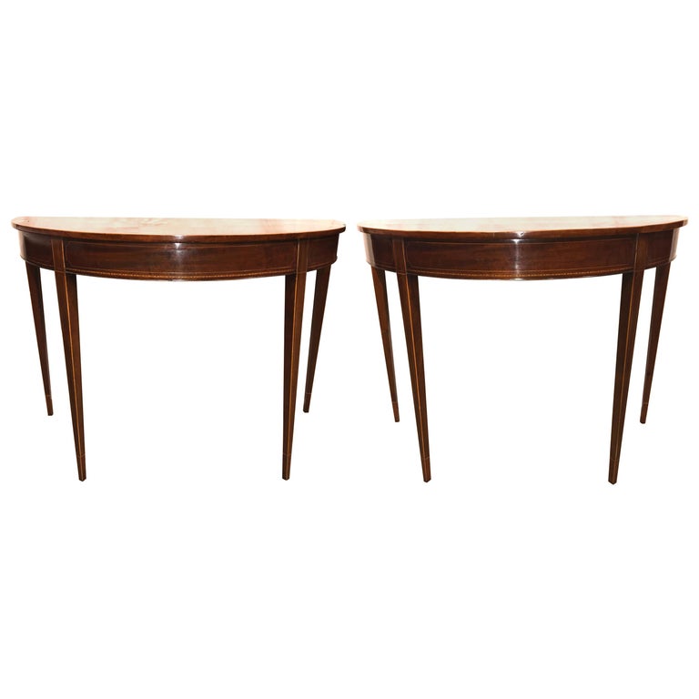 Pair Of George Iii Mahogany Demi Lune Side Tables With Banded Inlay