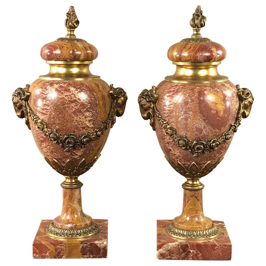 Pair of 19th Century Marble and Bronze Cassolettes or Mantel Urns