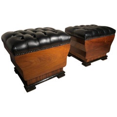 Art Deco Italian Wood and Black Leather Poufs Ottomans, 1930s