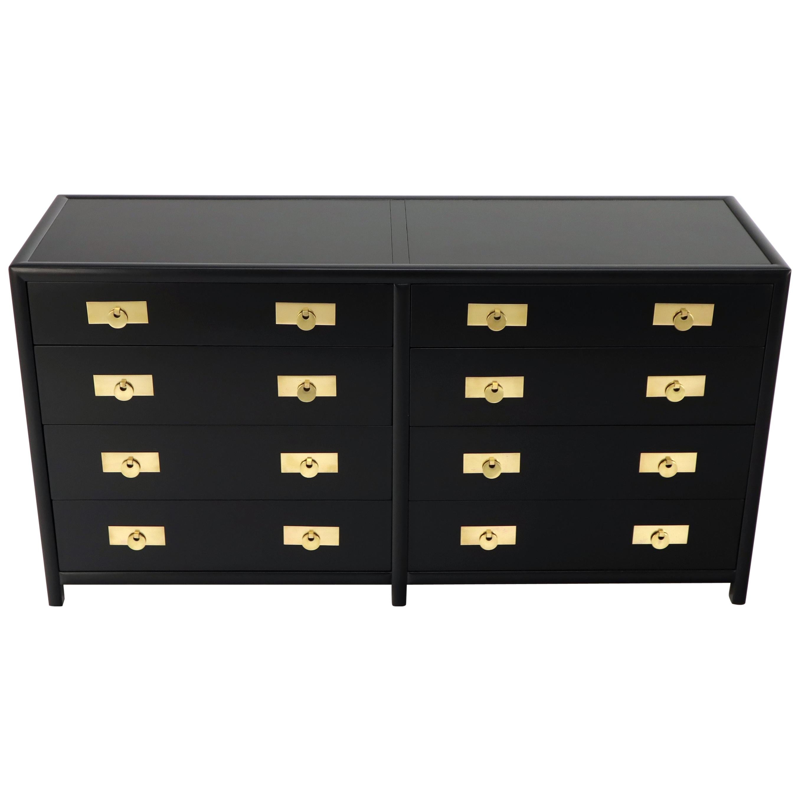 Baker Black Lacquer Brass Hardware Medalion Pulls Compact Double Dresser