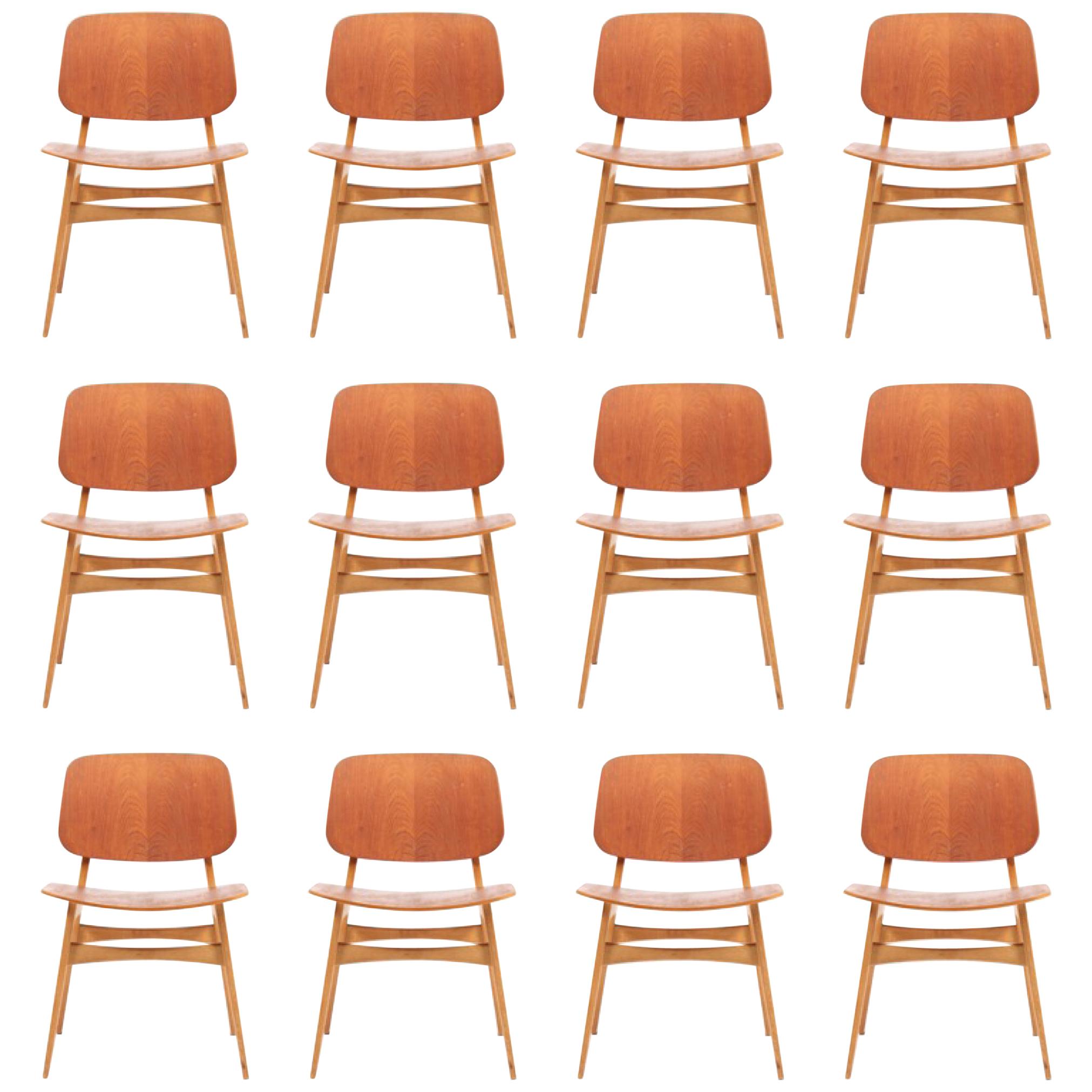 Set of 12 Midcentury Side Chairs in Teak and Oak by Børge Mogensen