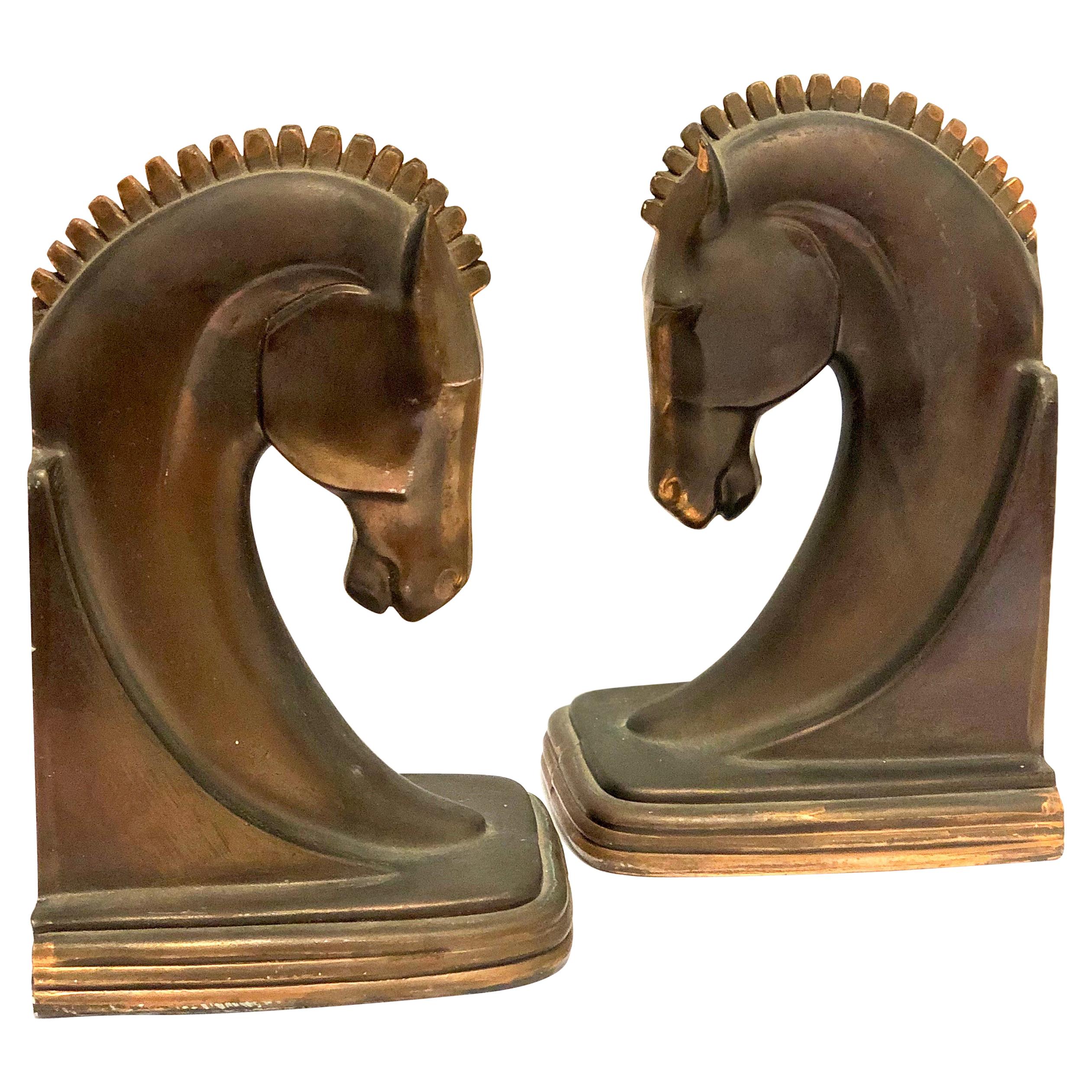 Art Deco Patinated Bronze Finish Pair of Horse Bookends