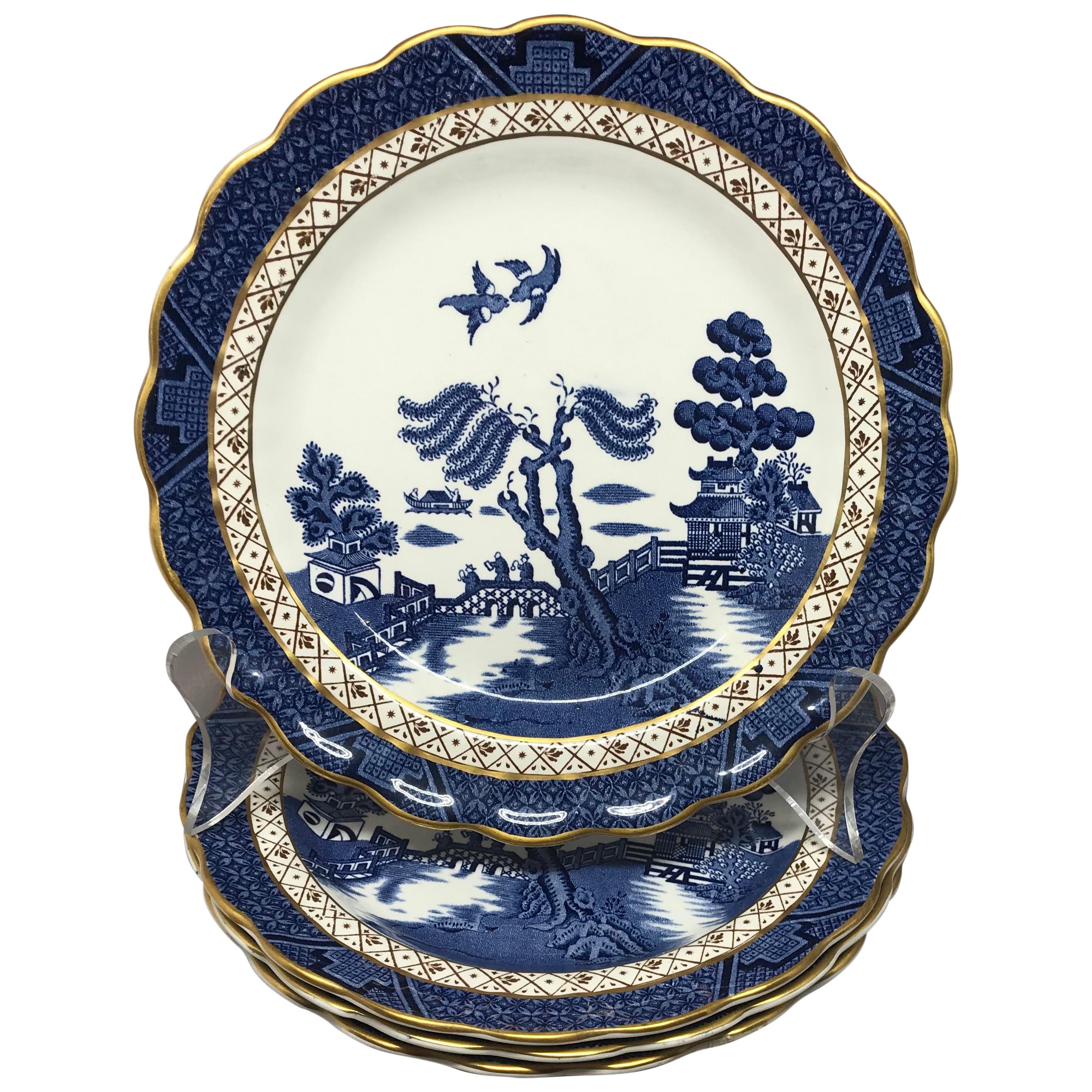 Set of Four Gilded Blue and White Chinoiserie Dessert Plates
