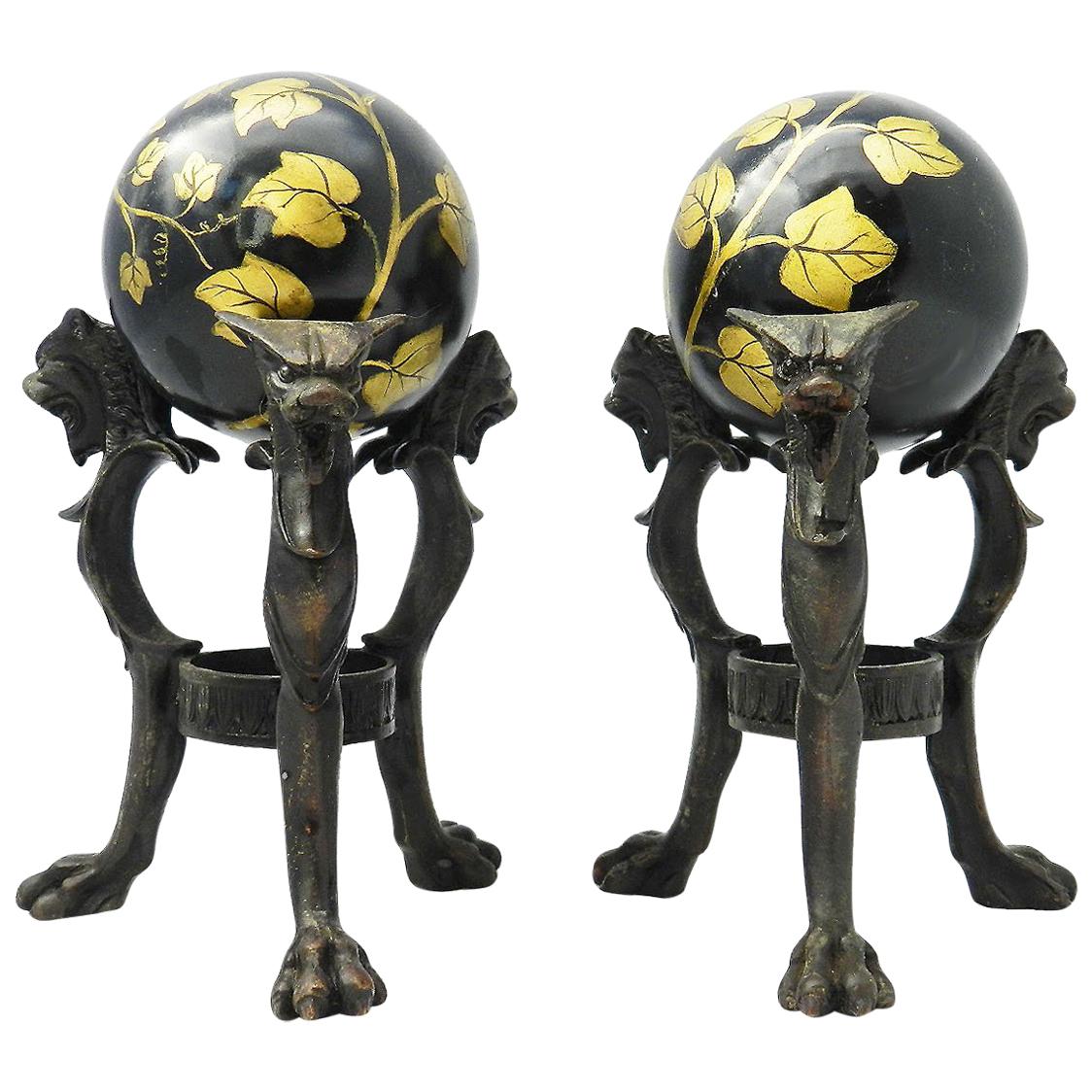 Pair Antique Tripod Bronze Stands Chimera and Marble Balls Painted Ivy 