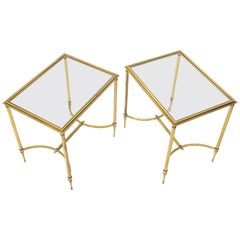 Pair of Solid Brass Glass Tops Stretcher Janson Style End Occasional Tables