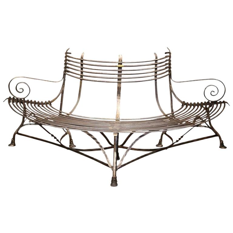 French Polished Iron Curved Around the Tree Shaped Garden Bench Signed Sauveur
