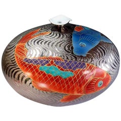 Japanese Contemporary Red Blue Platinum Porcelain Vase by Master Artist, 3