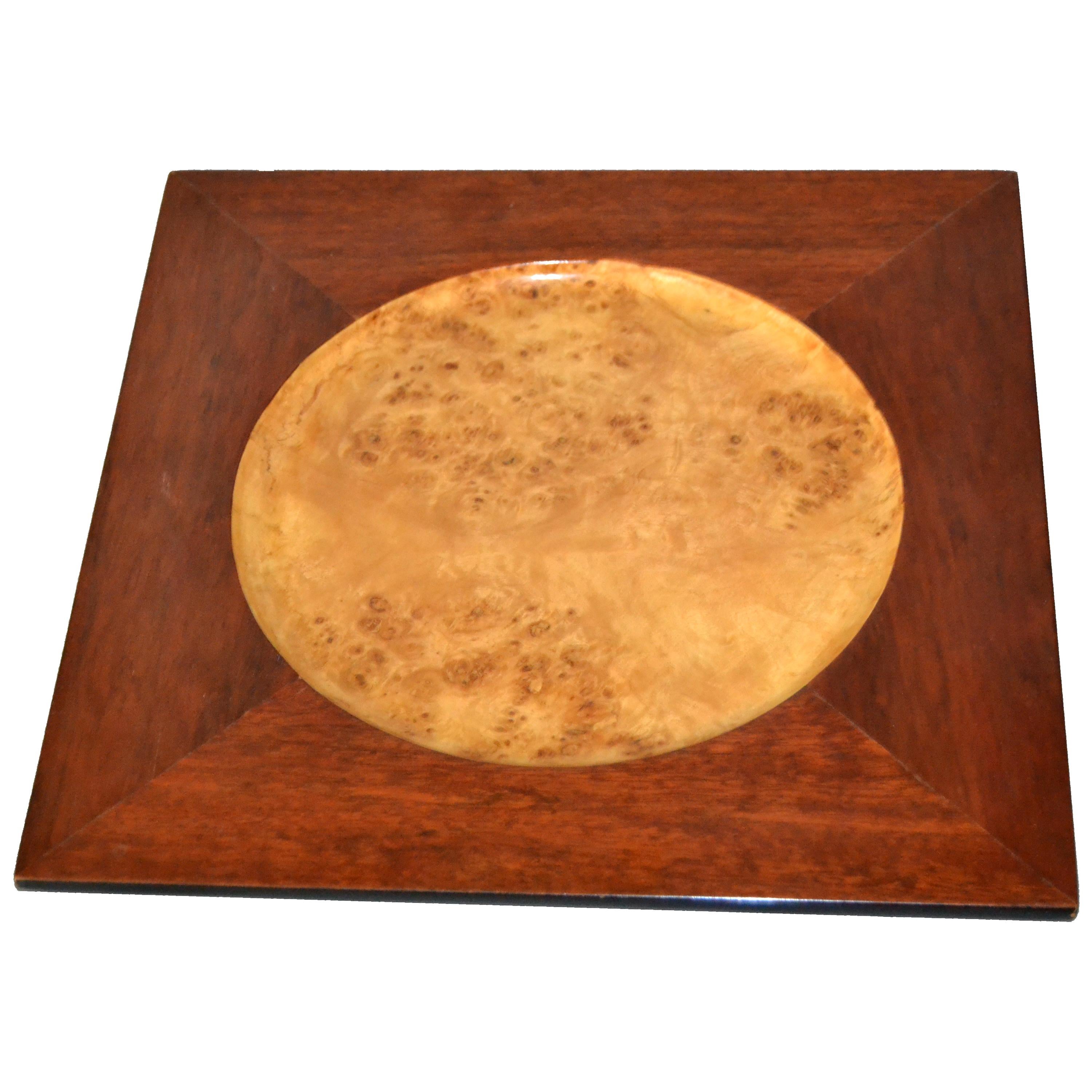 Signed Vintage Decorative Burl Wood over Mahogany Plate Centerpiece  For Sale