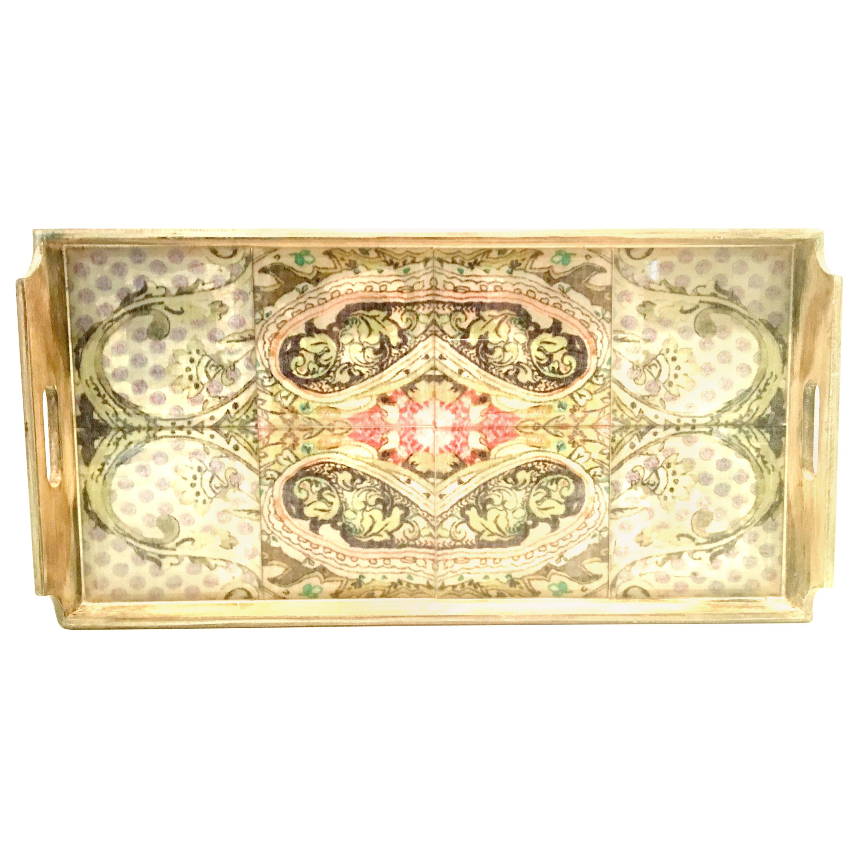 21st Century Large Wood Printed Belgium Linen and Glass Cutout Handle Tray
