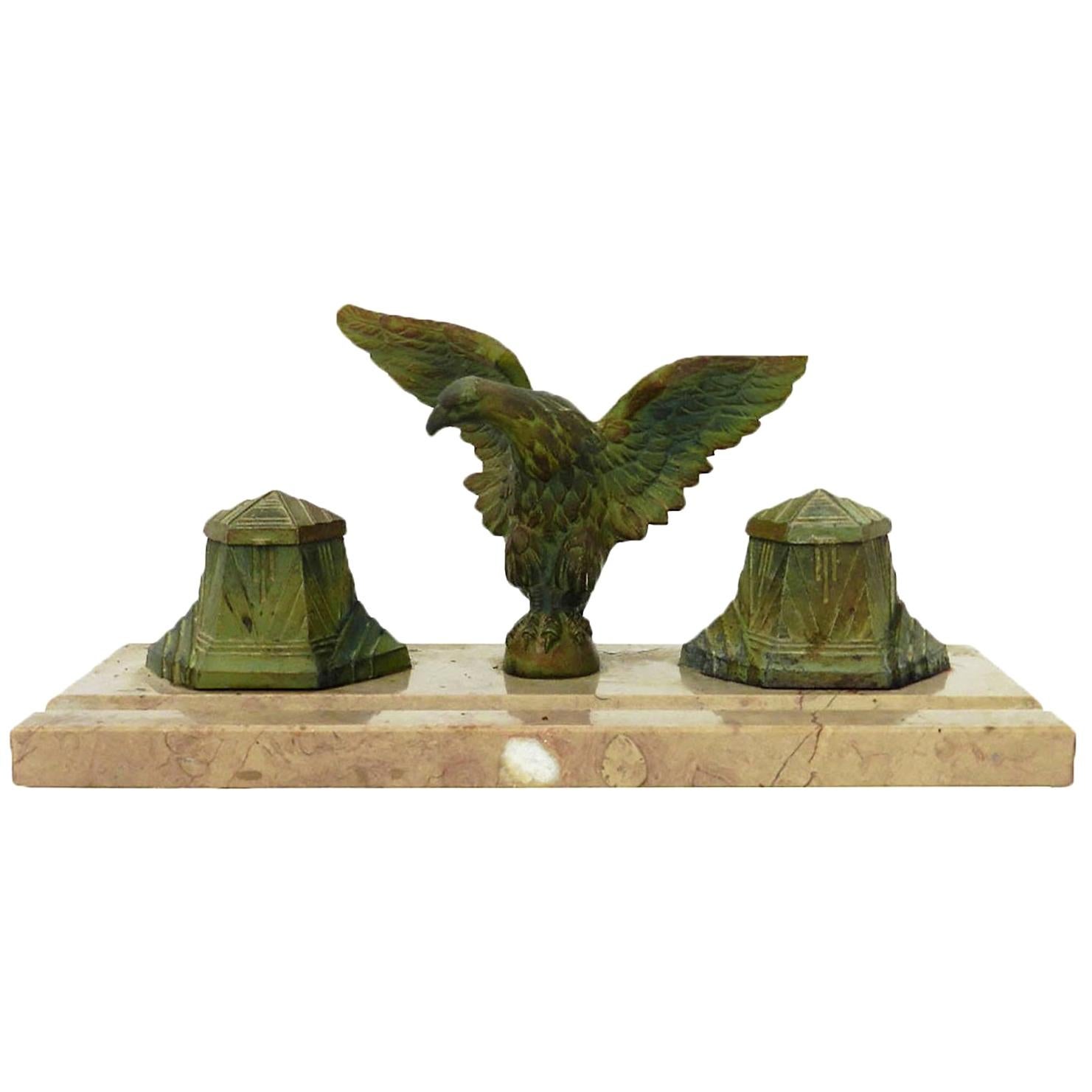 Art Deco Inkstand Eagle on Marble French Desk Inkwell, circa 1930