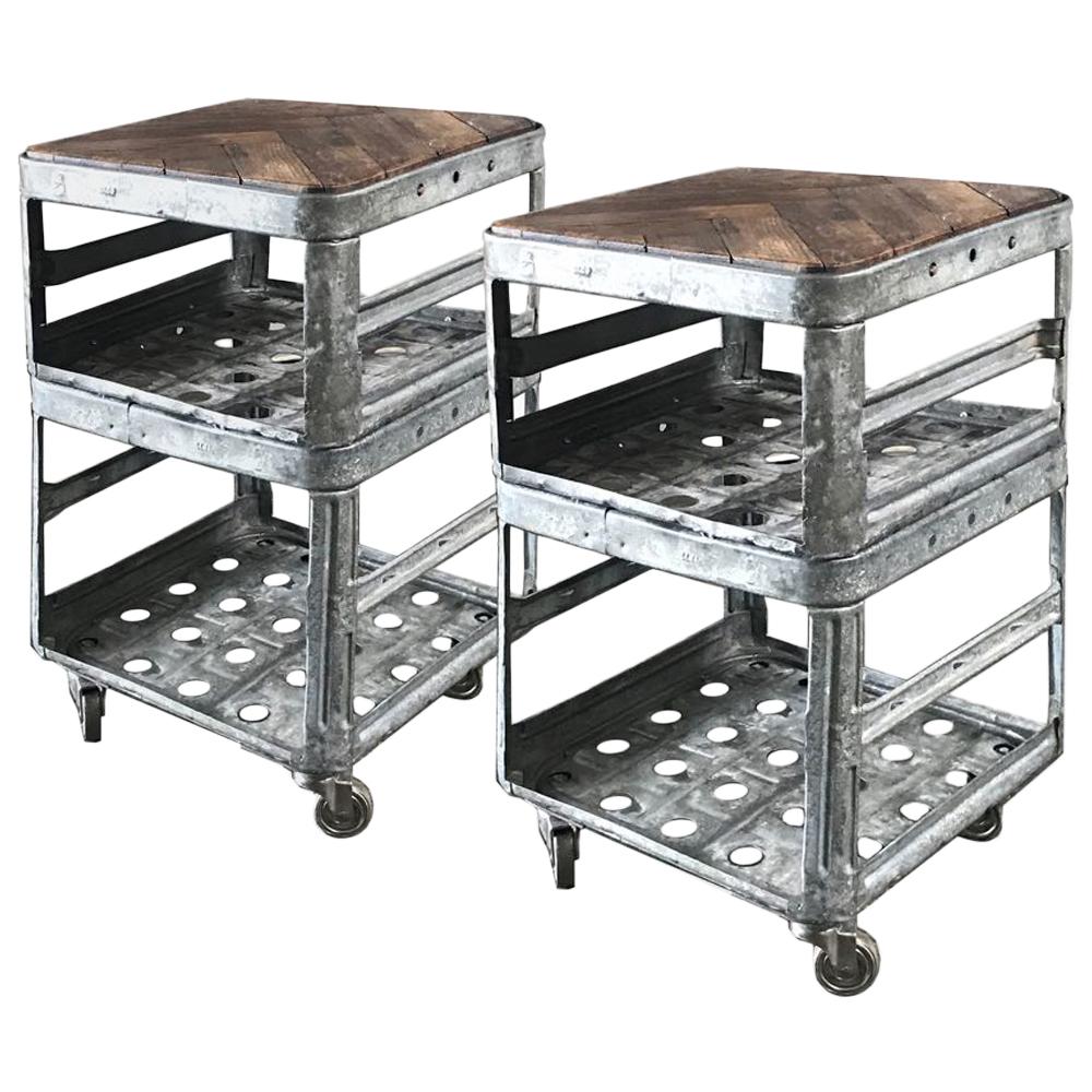 Pair of Two-Tiered Industrial Metal Tables with Wood Tops