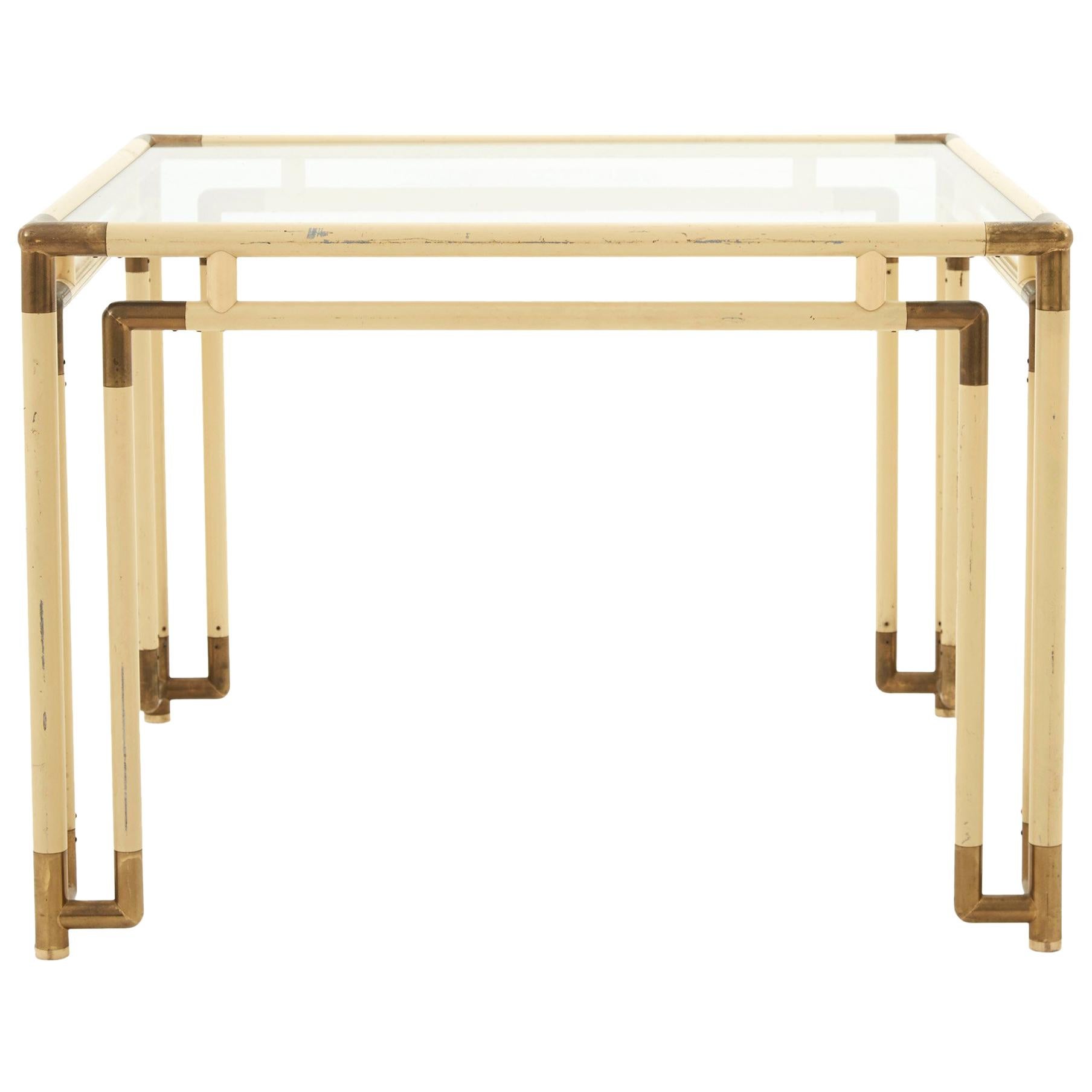 Cream and Brass Metal Dining Table with Glass Top