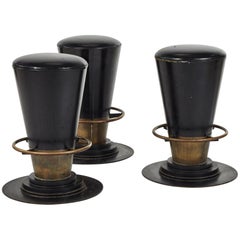 Set of Three Stools in Leather with Brass Trim