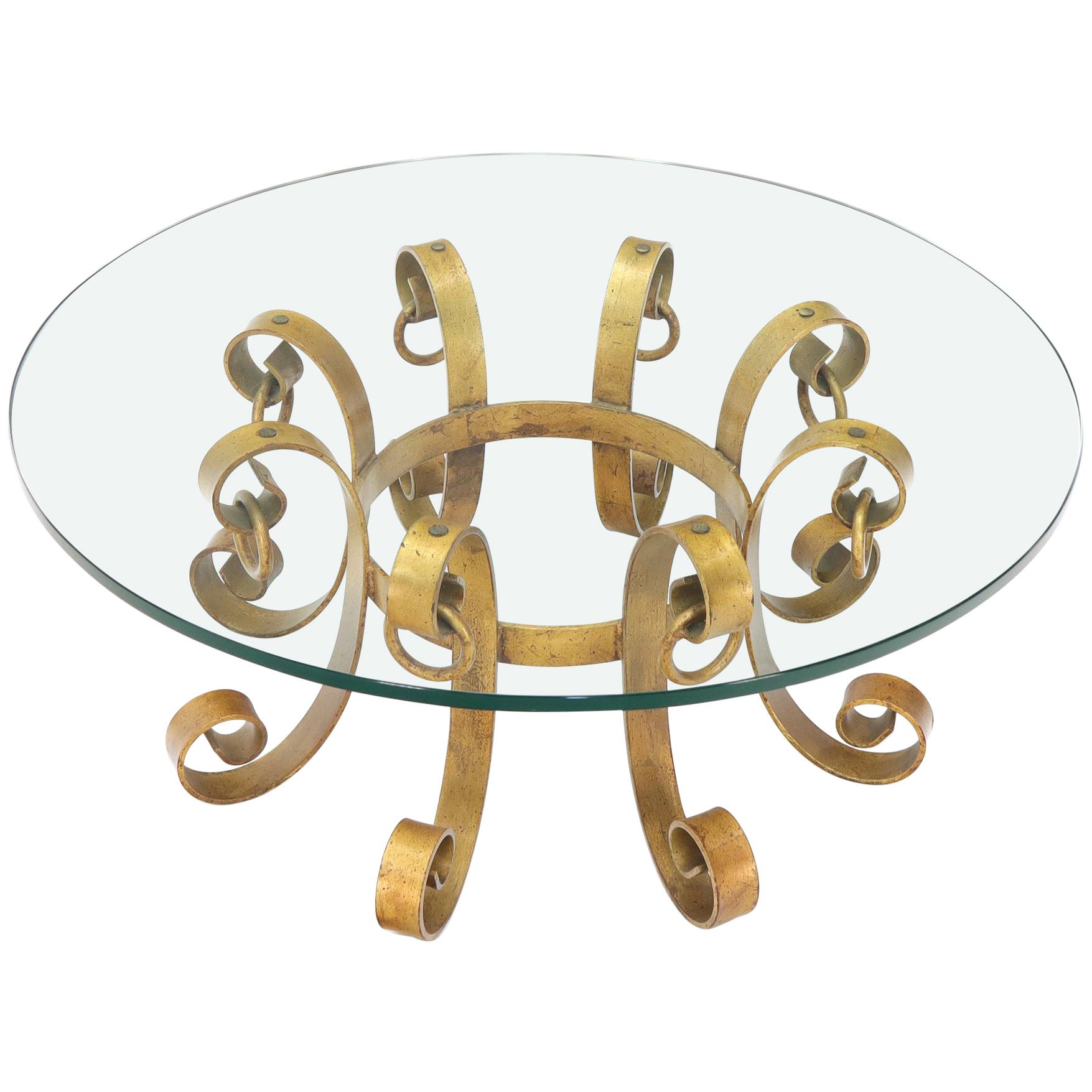 Table basse ronde décorative en fer forgé doré, plateau en verre, soleil éclatant MINT ! en vente