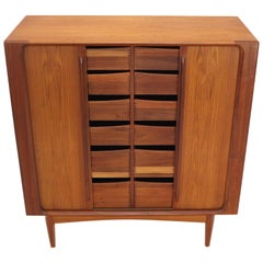 Danish Mid-Century Modern Tambour Doors Teak Double Chest Cabinet Tall Credenza