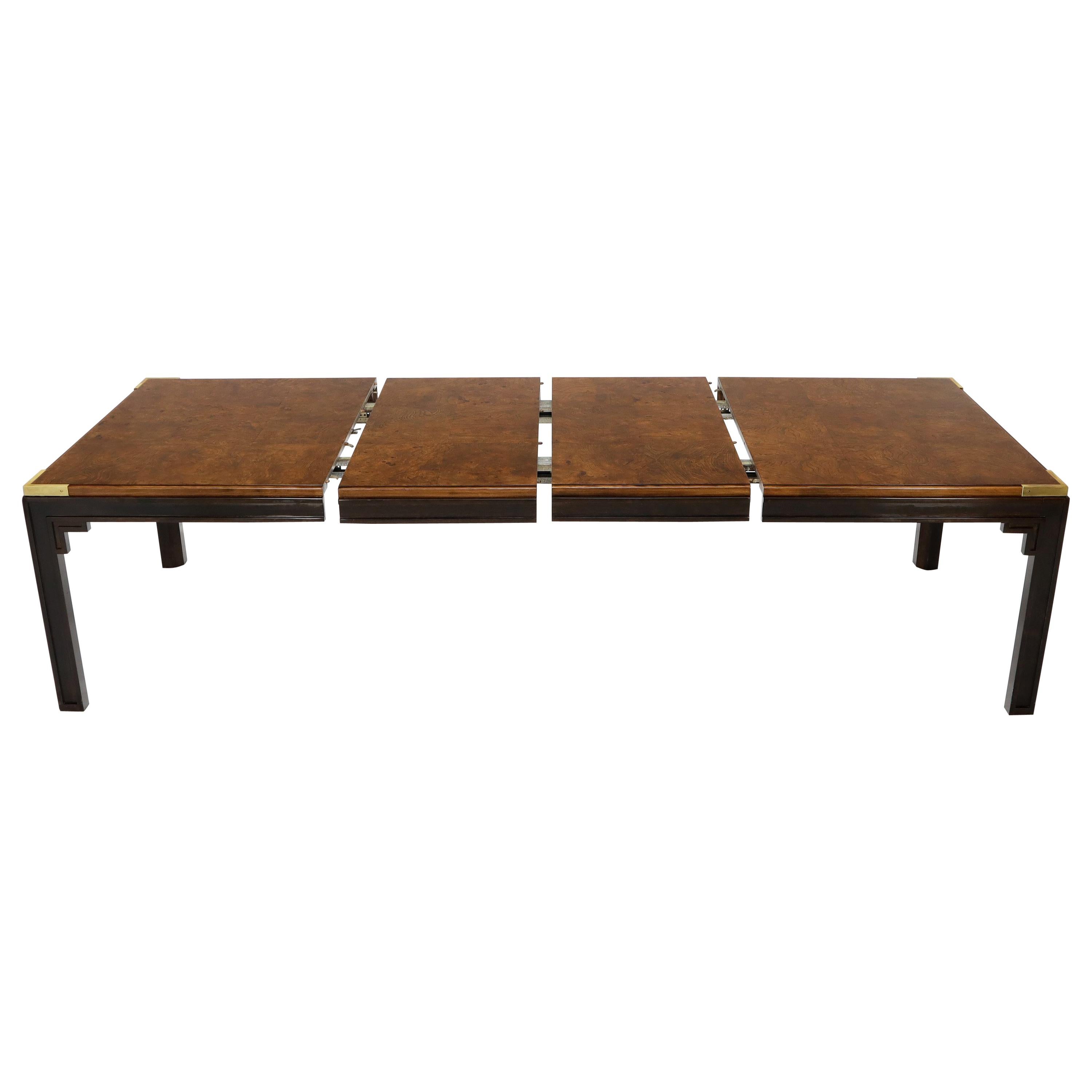 Large Burlwood Dining Table with Brass Accents and Two Extension Leaves Boards