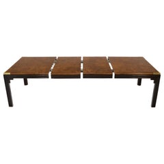 Large Burlwood Dining Table with Brass Accents and Two Extension Leaves Boards