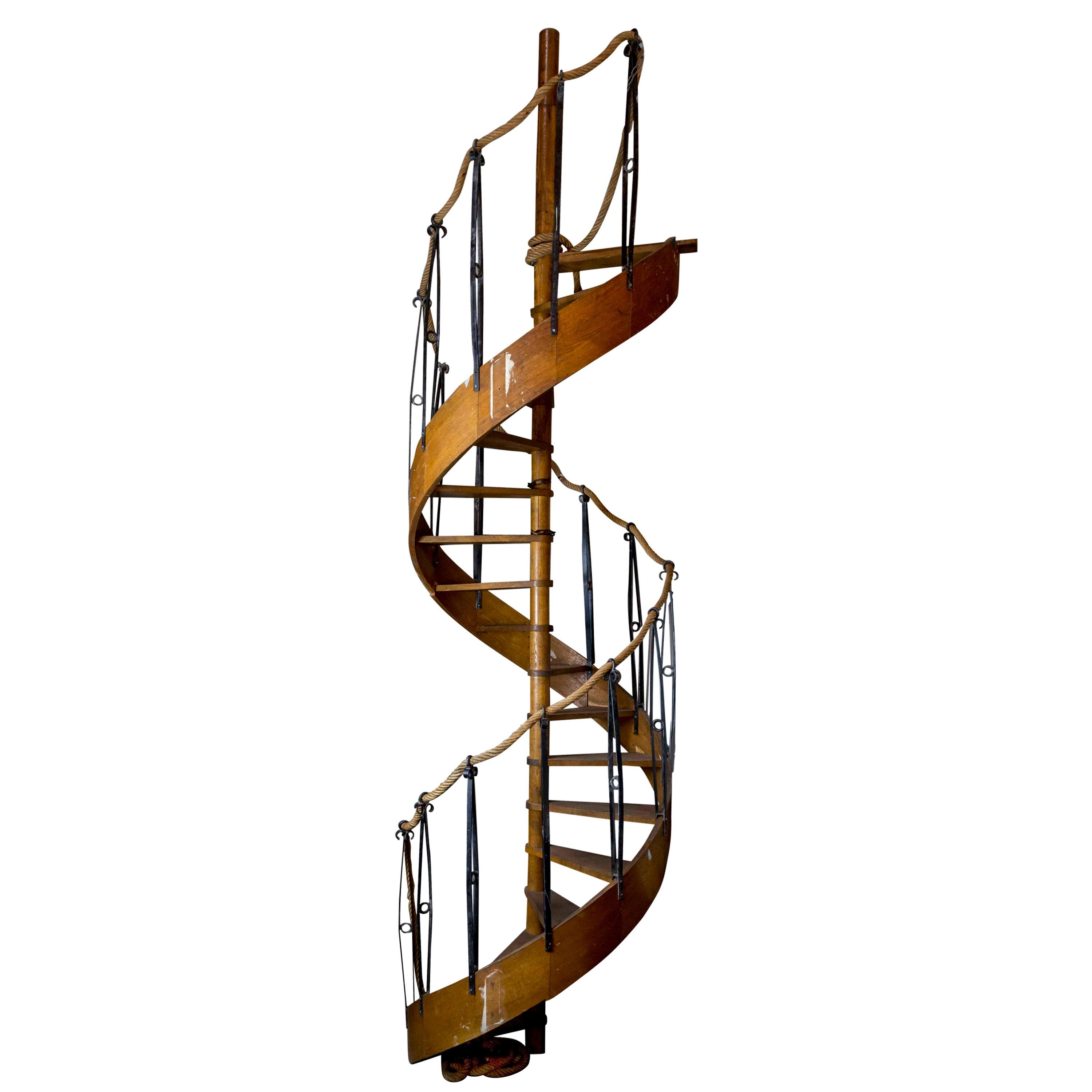 1930s Wood Spiral Staircase with Wrought Iron Balusters and Rope Railing