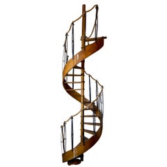 1930s Wood Spiral Staircase with Wrought Iron Balusters and Rope Railing