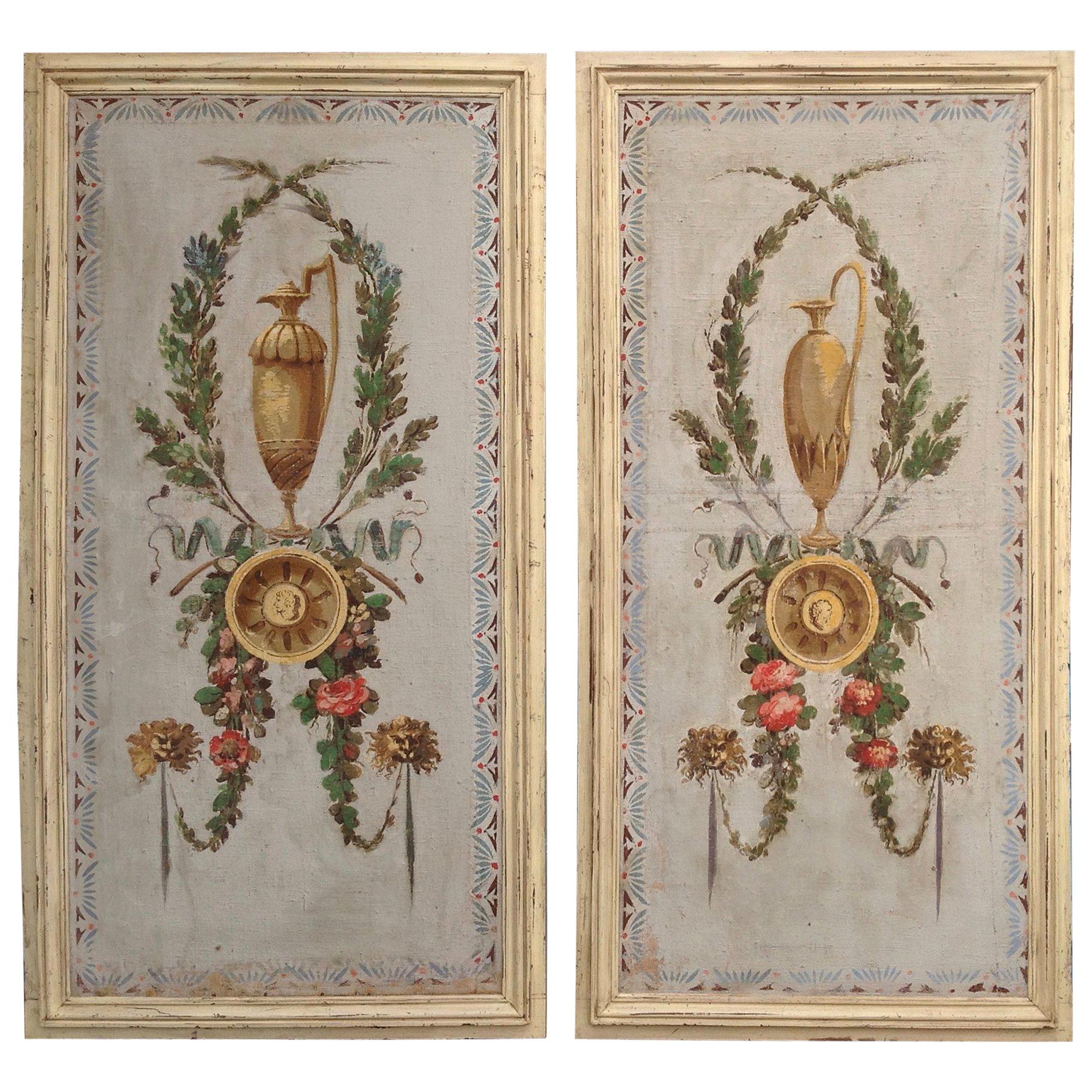 Pair of Antique Painted Canvas Window Panels