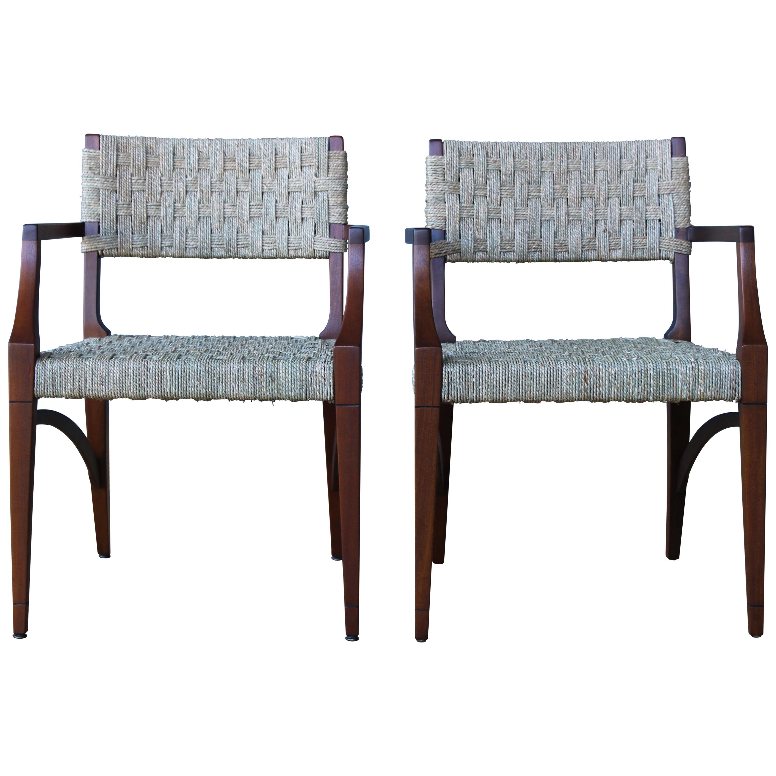 Pair of Sea Grass and Mahogany Armchairs, France, 1950s. 
