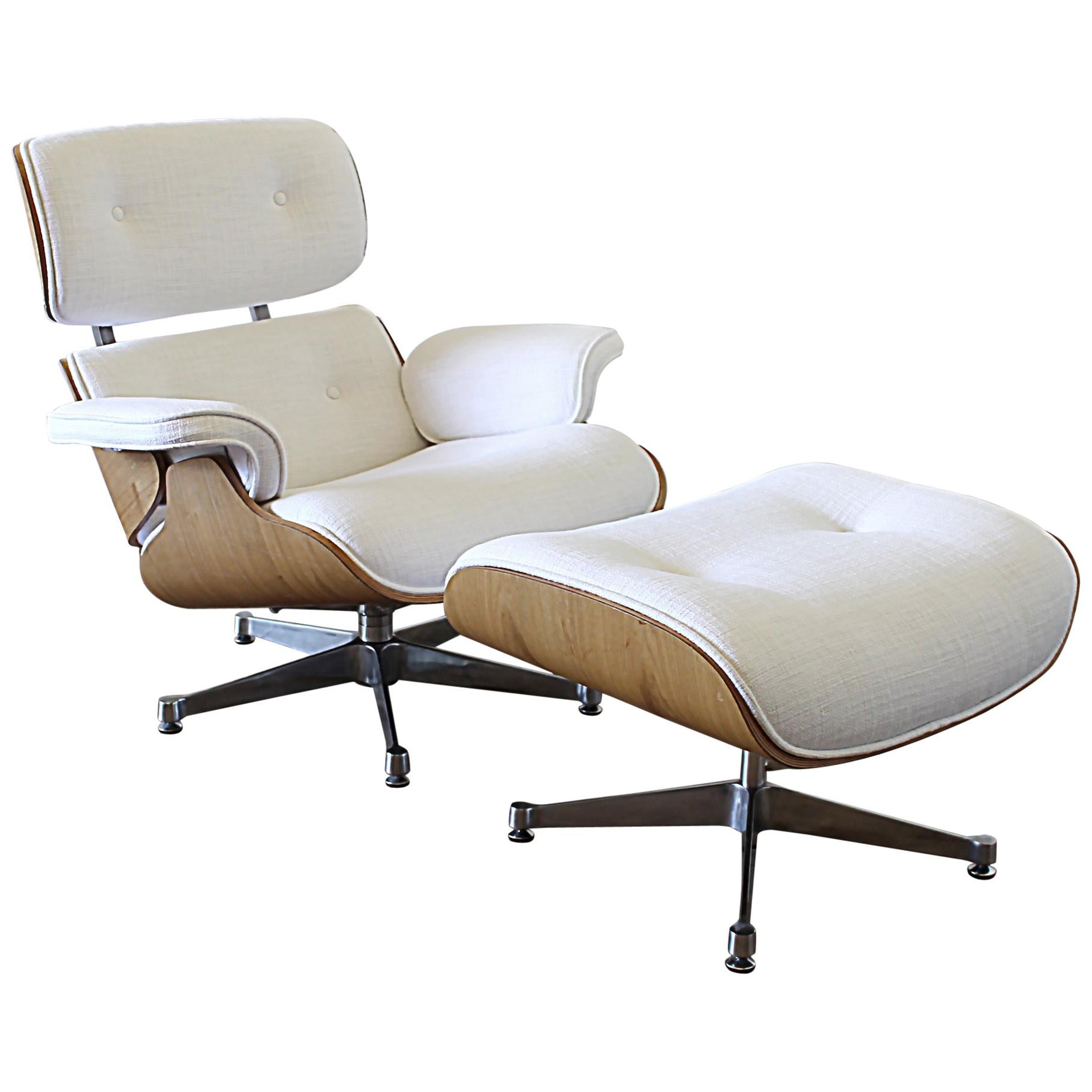 Eames Style Chair and Ottoman in Coated White Linen Blend Upholstery