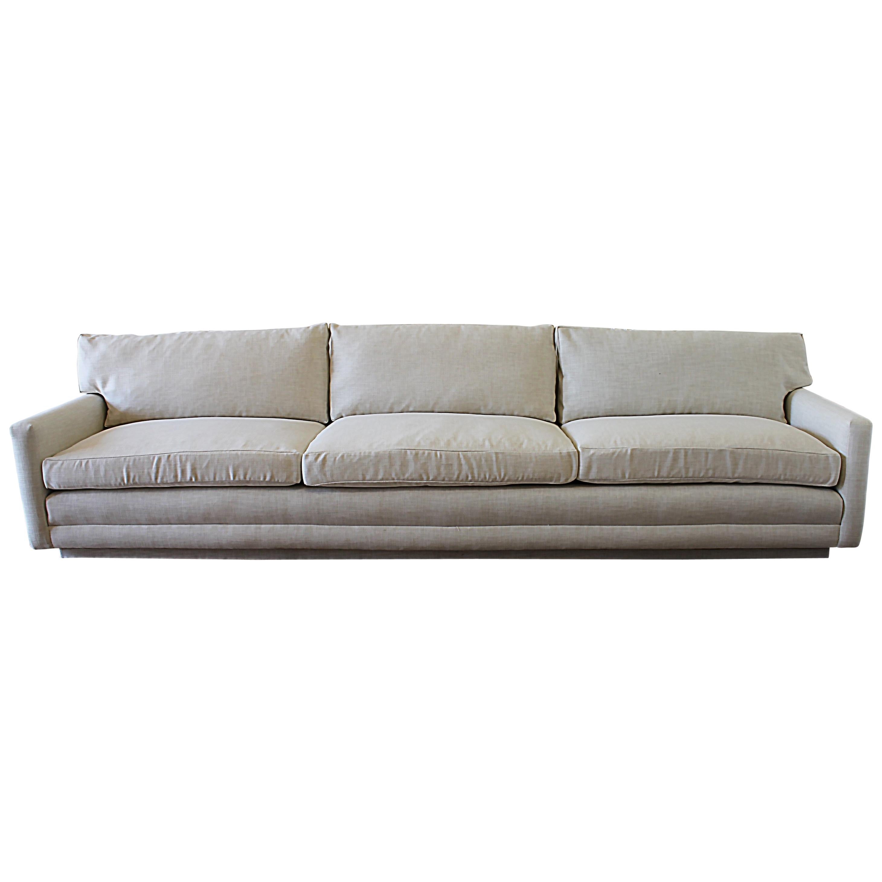 Mid-Century Modern Sofa Reupholstered in Natural Linen Blend Herringbone