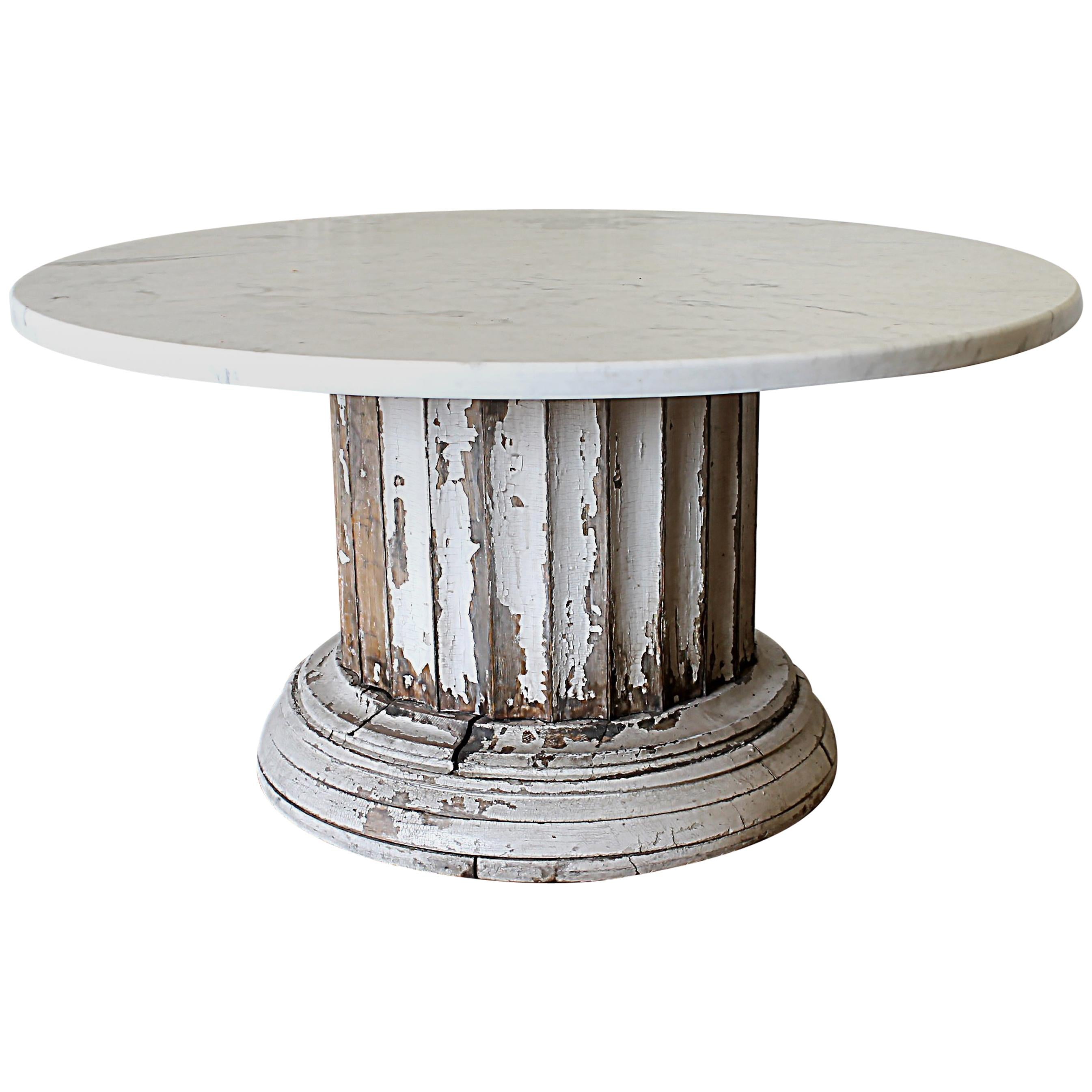 Antique Column Pedestal Dining Table Original Paint Calcutta Gold Marble Top