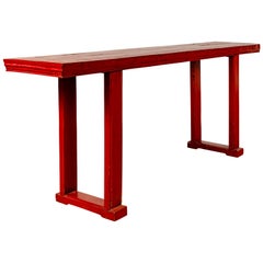 Chinese Red Lacquer Wooden Altar Console Table with Overhang Top