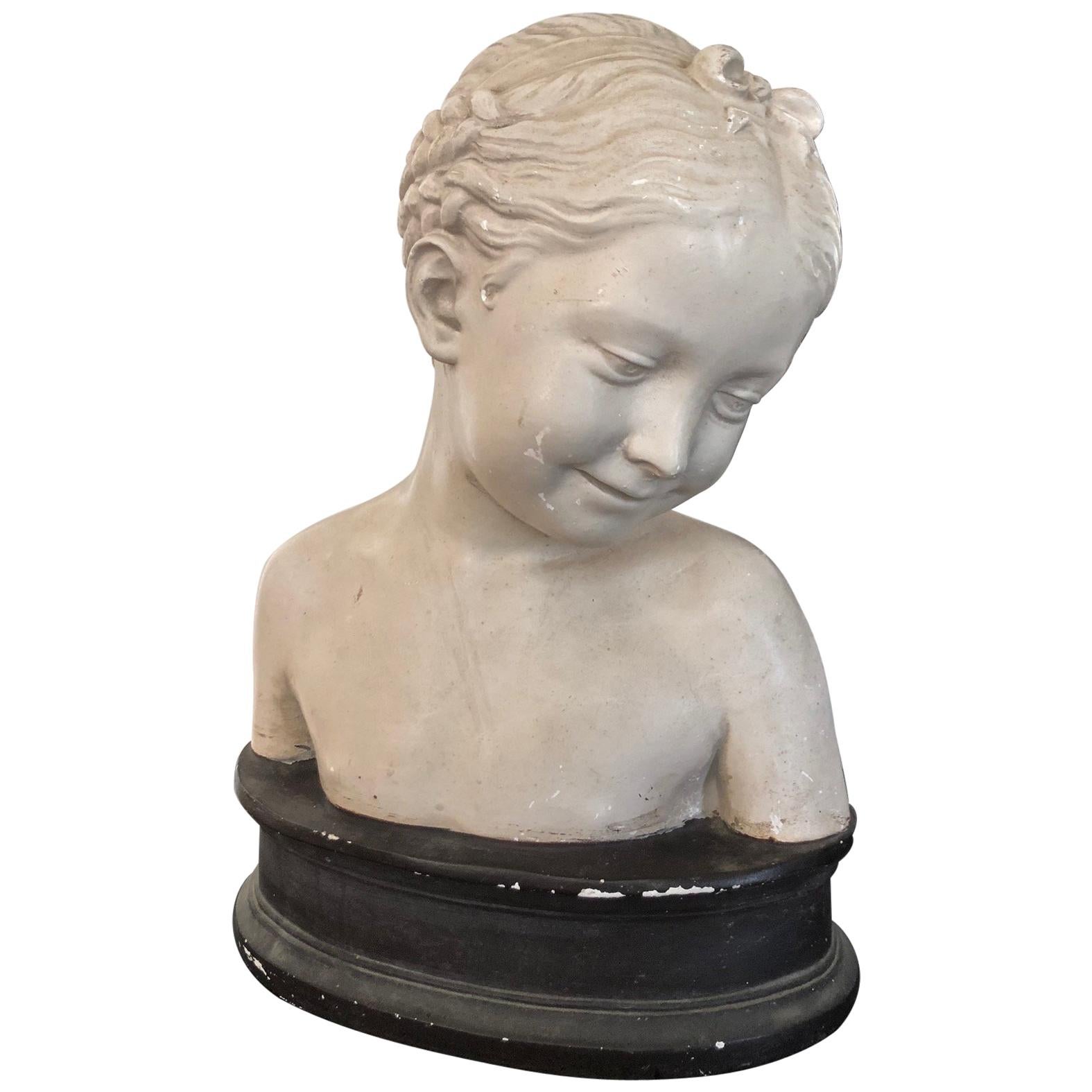 Vintage Clay Bust of Young Girl For Sale