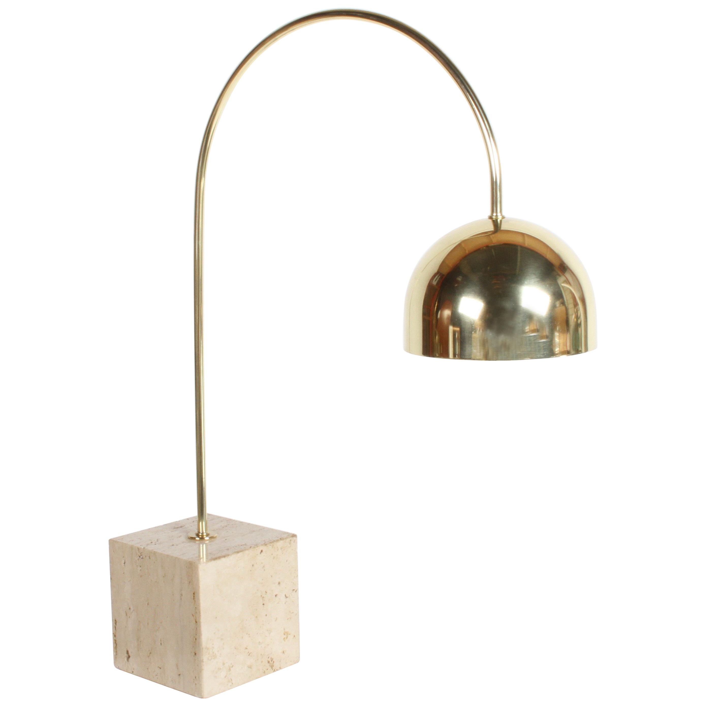 Guzzini Italian Brass Arc Table Lamp on Travertine Base, Restored
