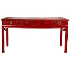 Chinese Antique Red Lacquered Wooden Desk with Four Drawers and Curling Scrolls