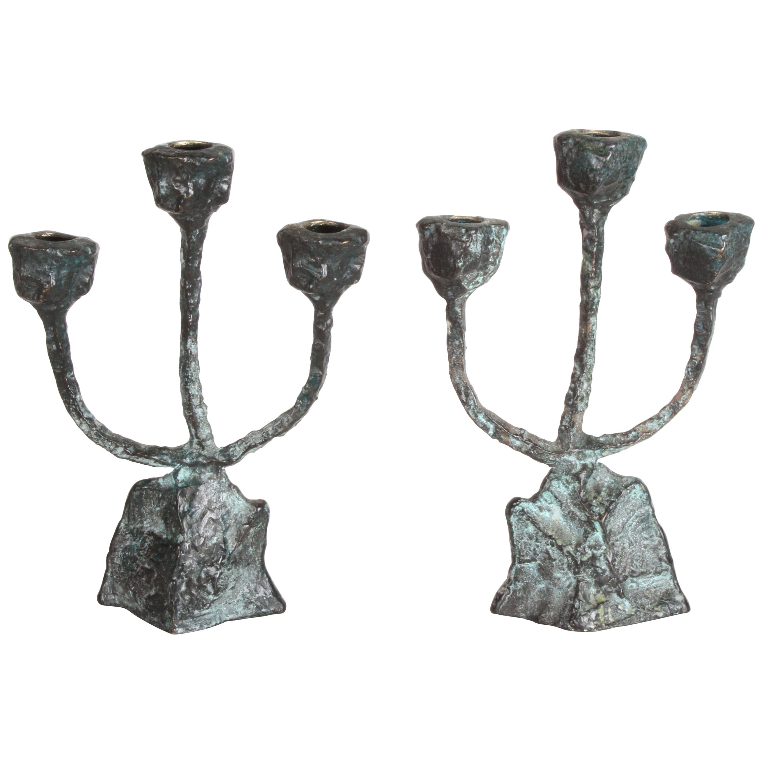 Pair of Midcentury Patinated Bronze Brutalist Candleholders