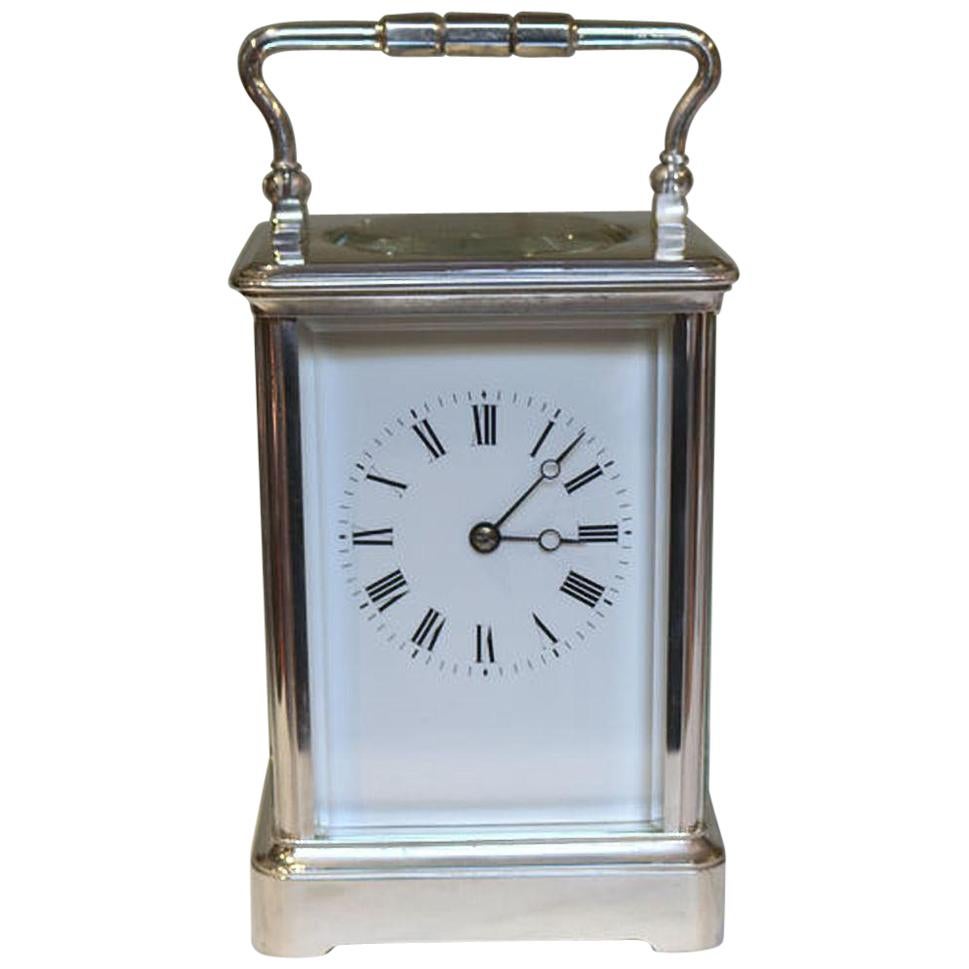 Large Silver Plated French Carriage Clock For Sale