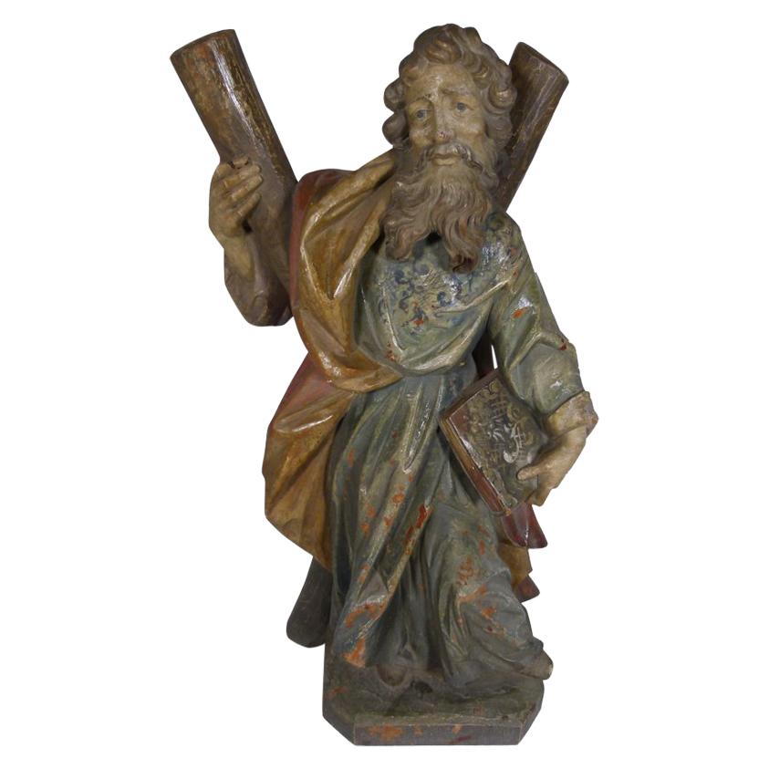 19th Century Hand Carved Wooden Saint Andrew Sculpture