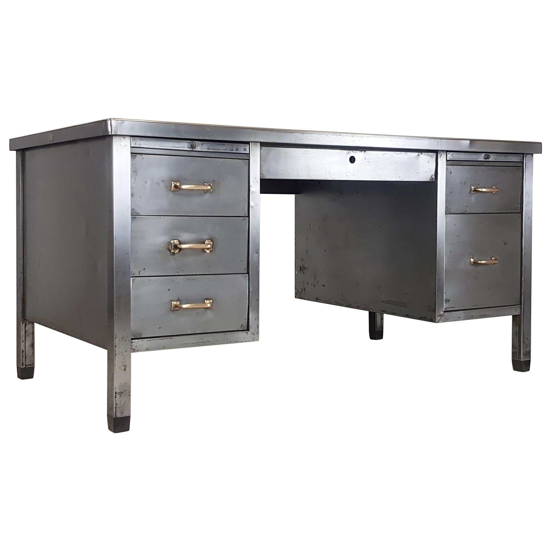 Vintage Industrial Double Pedestal Stripped and Polished Steel Desk